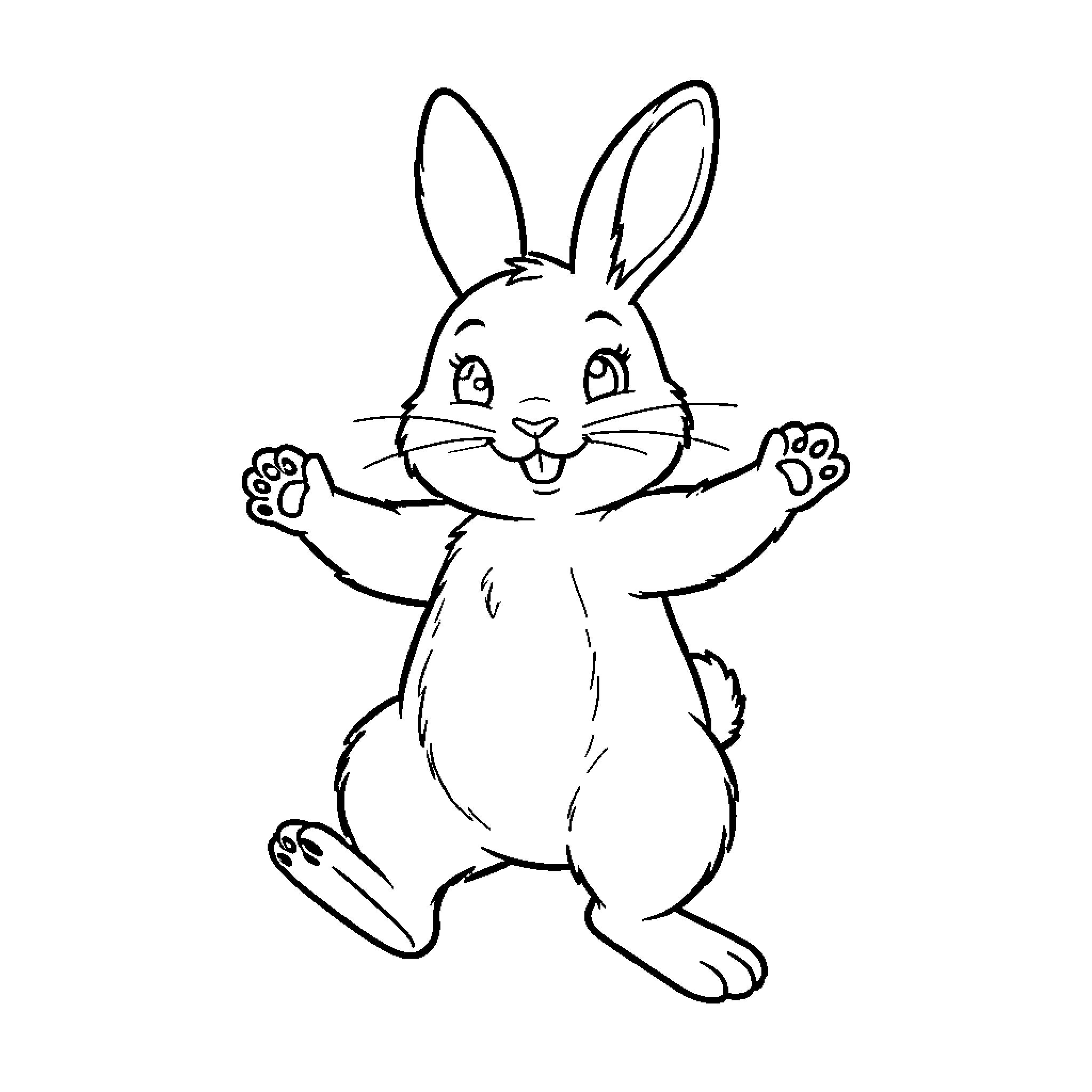 Rabbit jumping joyfully with paws raised up Coloring Page (free black-and-white line drawing printable PDF for all, from beginners to advanced learners, including children, teens, adults, and seniors)