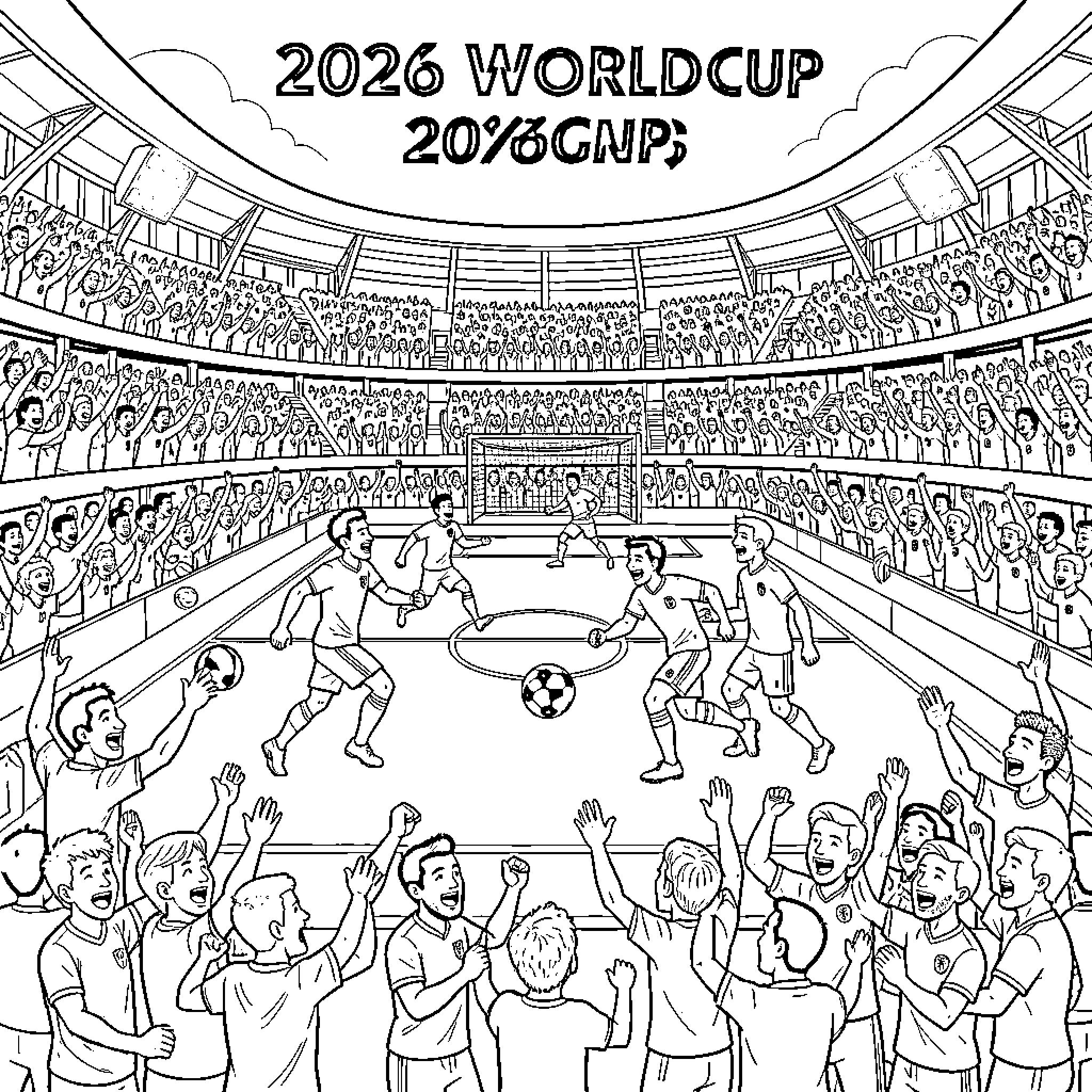 World Cup players competing in a crowded stadium Coloring Page (free black-and-white line drawing printable PDF for all, from beginners to advanced learners, including children, teens, adults, and seniors)
