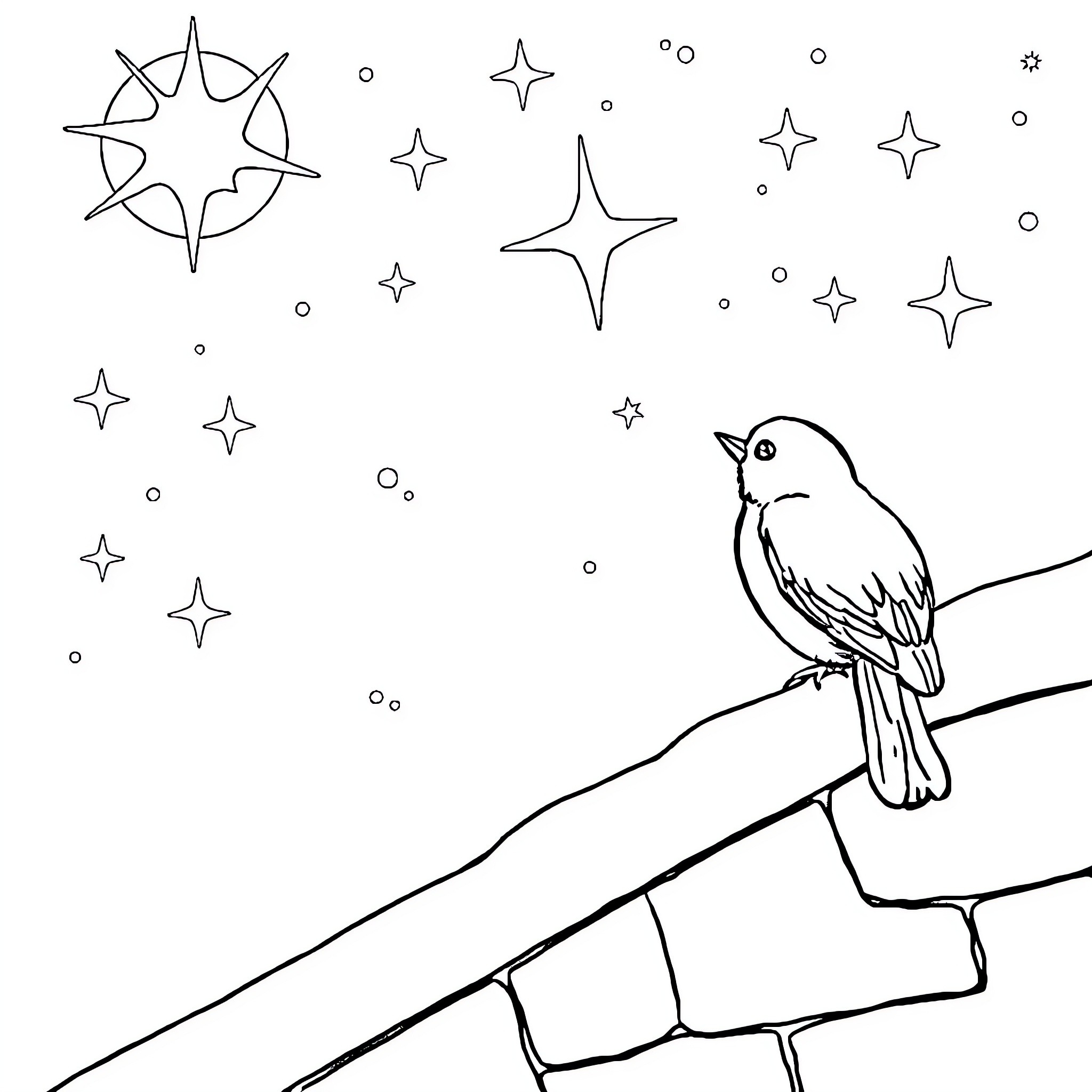 Robin perched on branch among twinkling stars Coloring Page (free black-and-white line drawing printable PDF for all, from beginners to advanced learners, including children, teens, adults, and seniors)