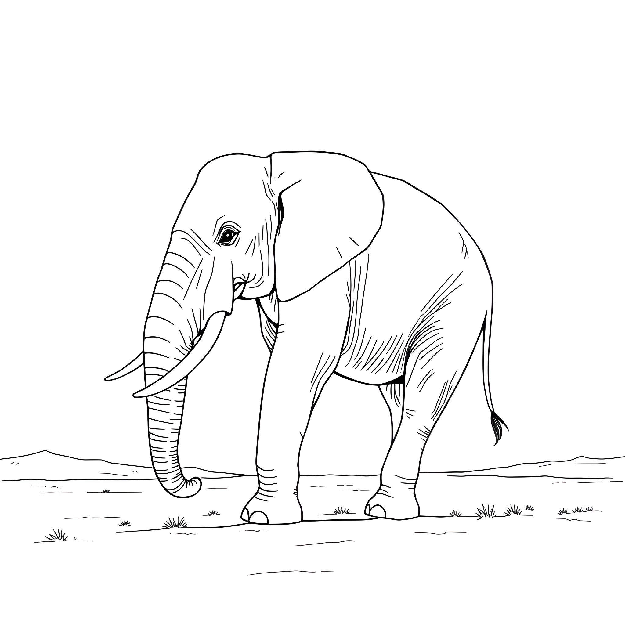 Elephant walking peacefully in nature Coloring Page (free black-and-white line drawing printable PDF for all, from beginners to advanced learners, including children, teens, adults, and seniors)