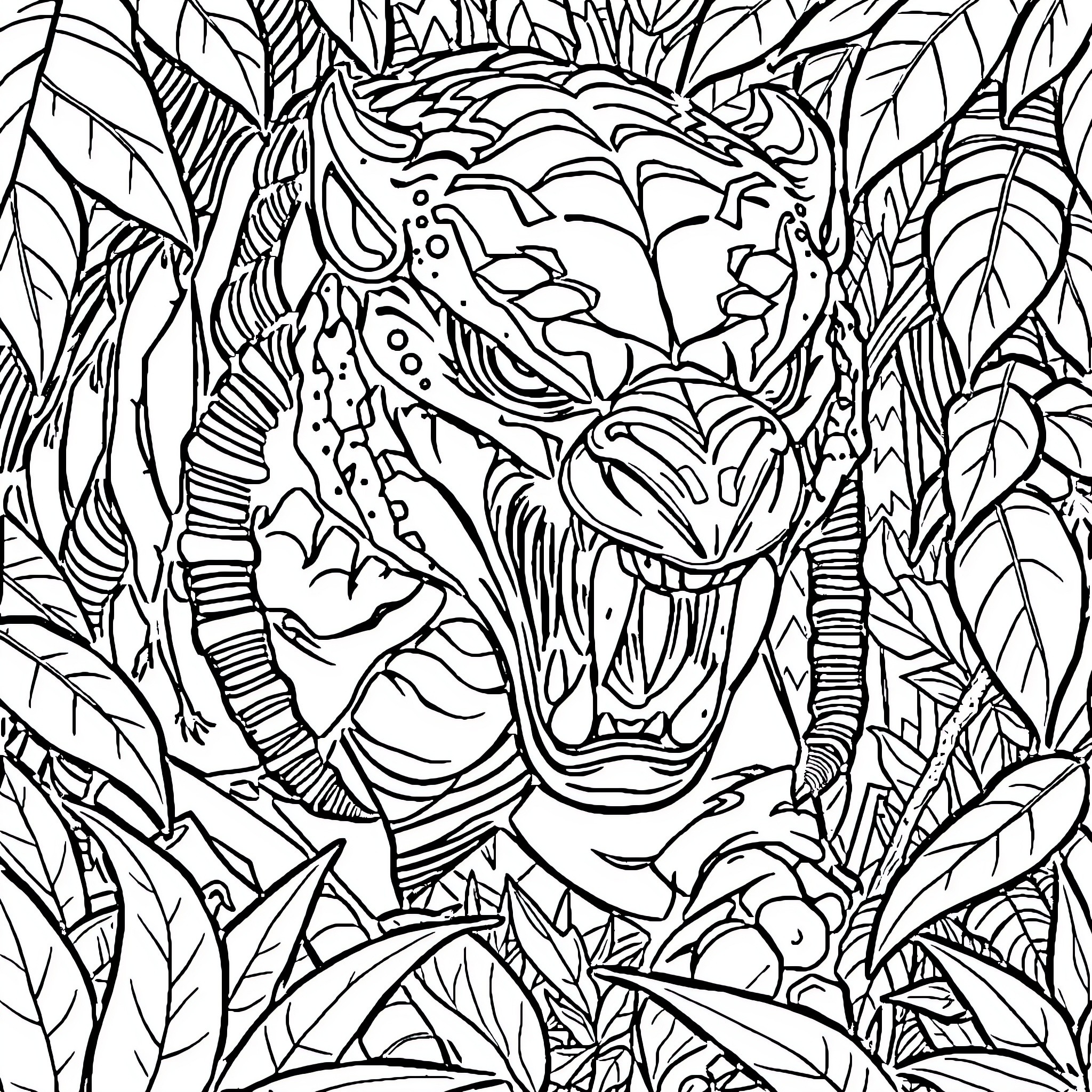 Predator Roaring in Lush Jungle Coloring Page (free black-and-white line drawing printable PDF for all, from beginners to advanced learners, including children, teens, adults, and seniors)