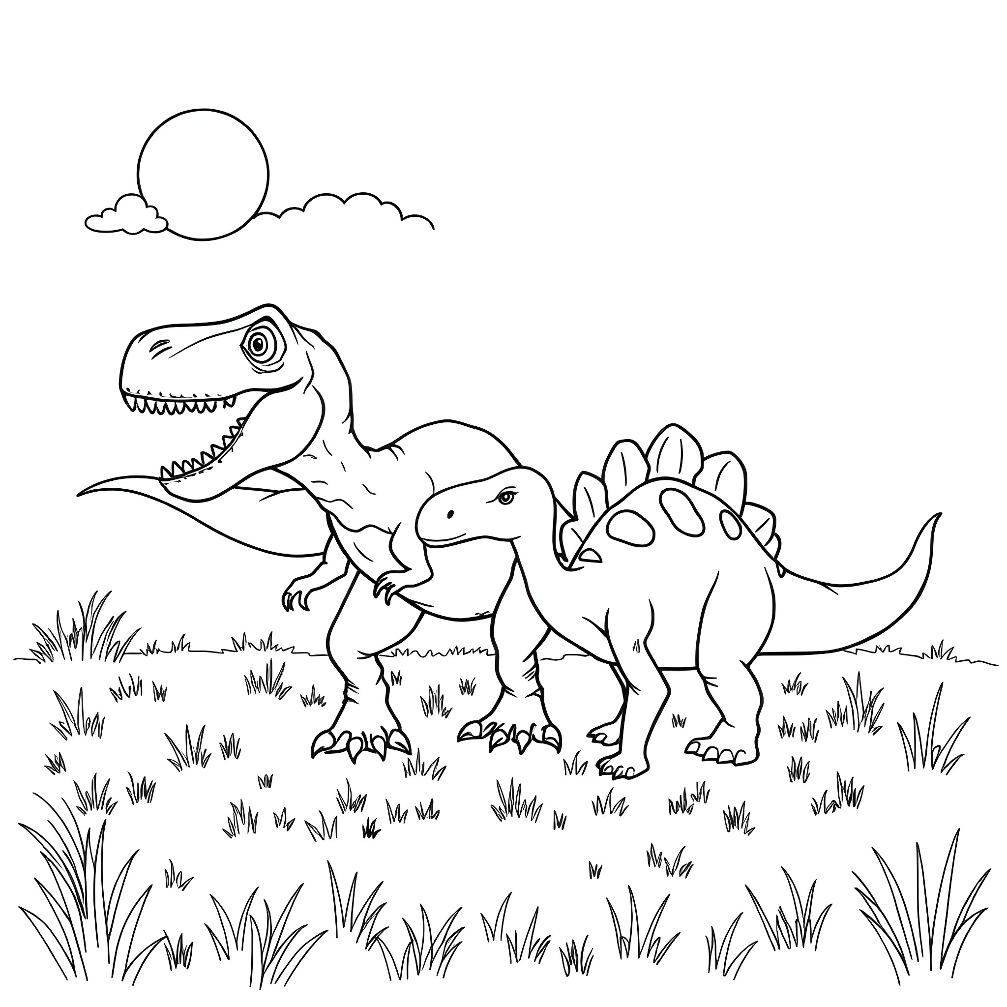 Dinosaurs roaming in a prehistoric landscape Coloring Page (free black-and-white line drawing printable PDF for all, from beginners to advanced learners, including children, teens, adults, and seniors)