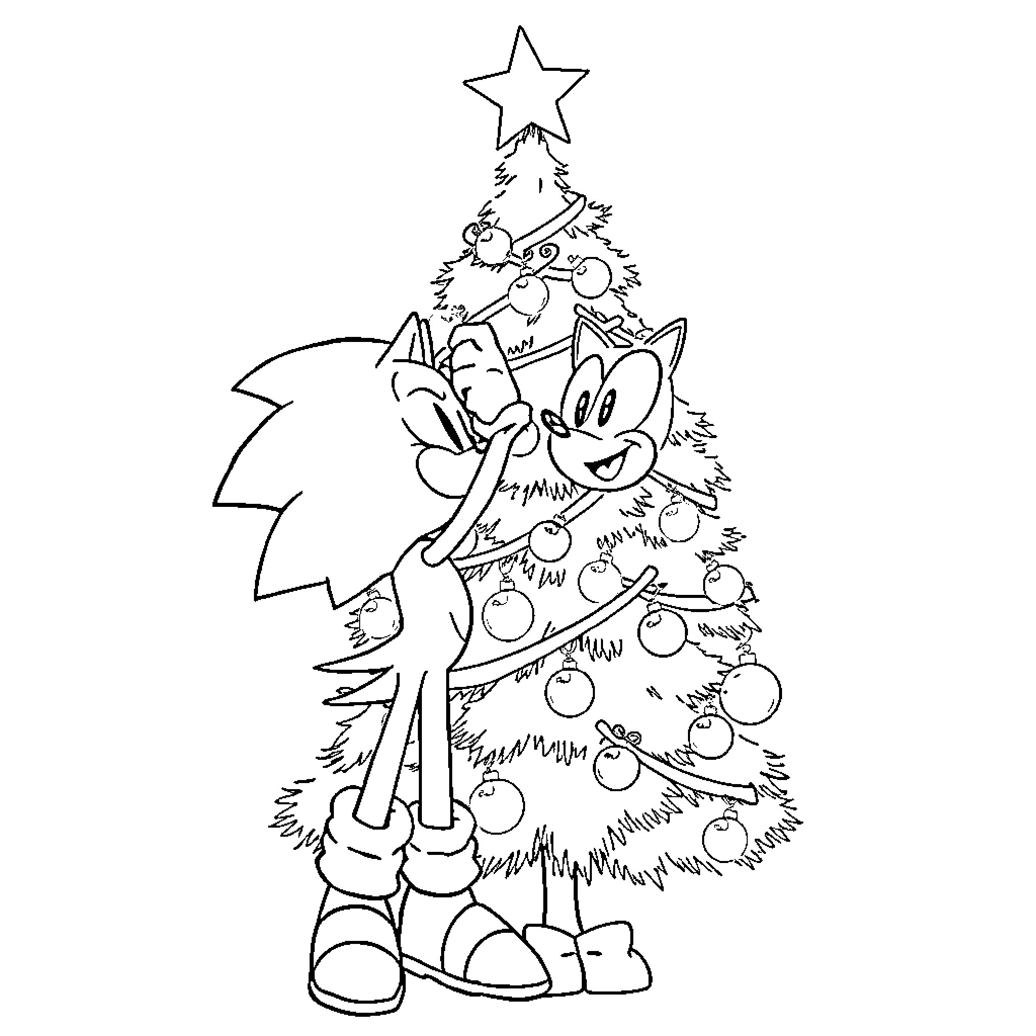 Sonic decorating Christmas tree with joy Coloring Page (free black-and-white line drawing printable PDF for all, from beginners to advanced learners, including children, teens, adults, and seniors)