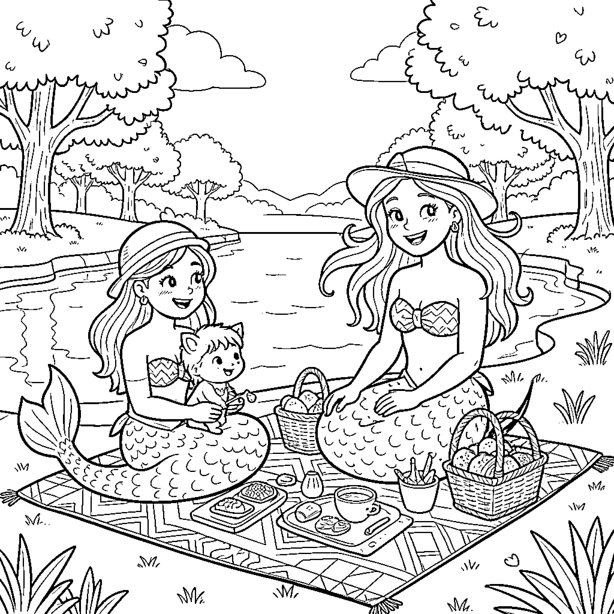 Mermaid sisters enjoying a picnic by the lake Coloring Page (free black-and-white line drawing printable PDF for all, from beginners to advanced learners, including children, teens, adults, and seniors)