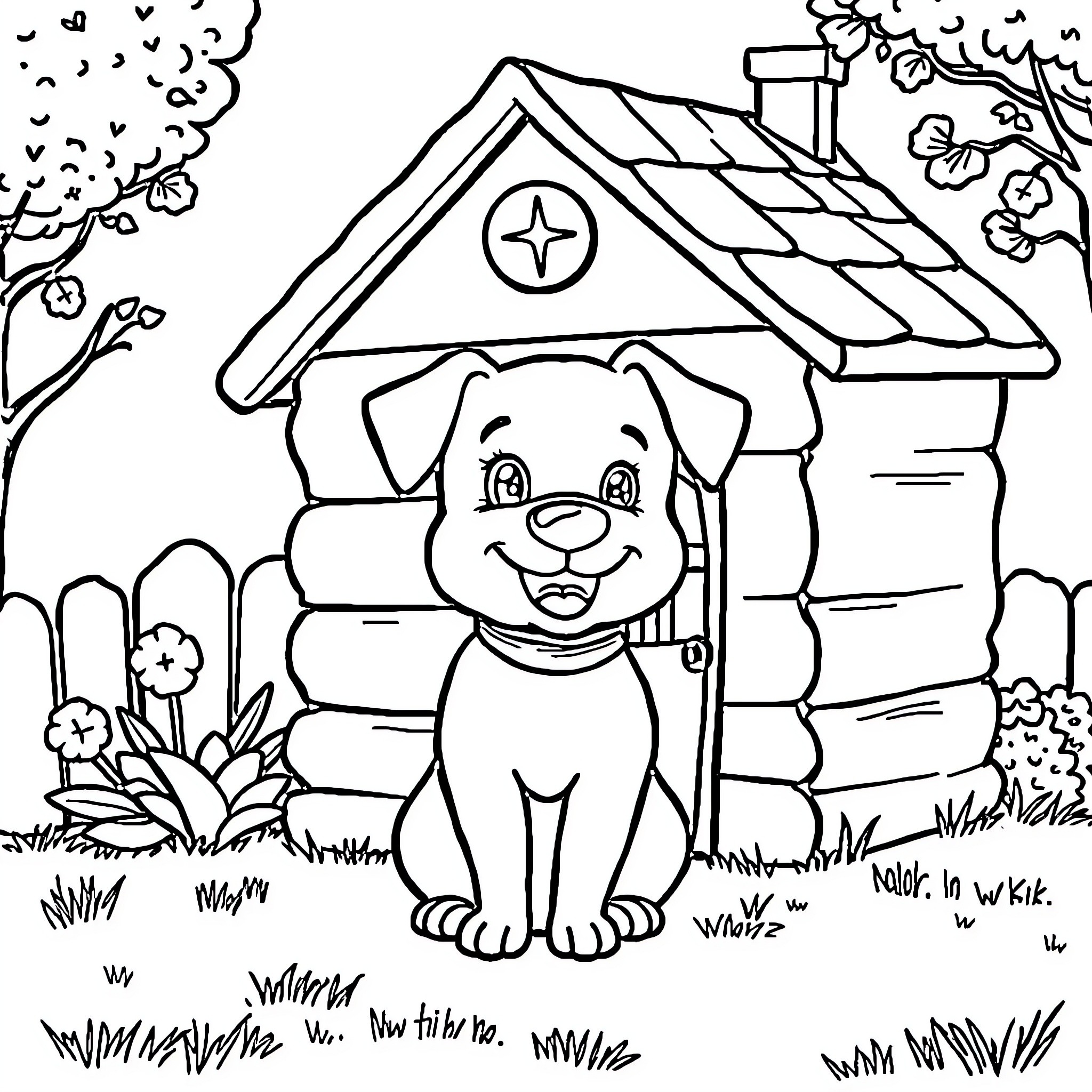 Dog sitting outside a cozy cottage Coloring Page (free black-and-white line drawing printable PDF for all, from beginners to advanced learners, including children, teens, adults, and seniors)