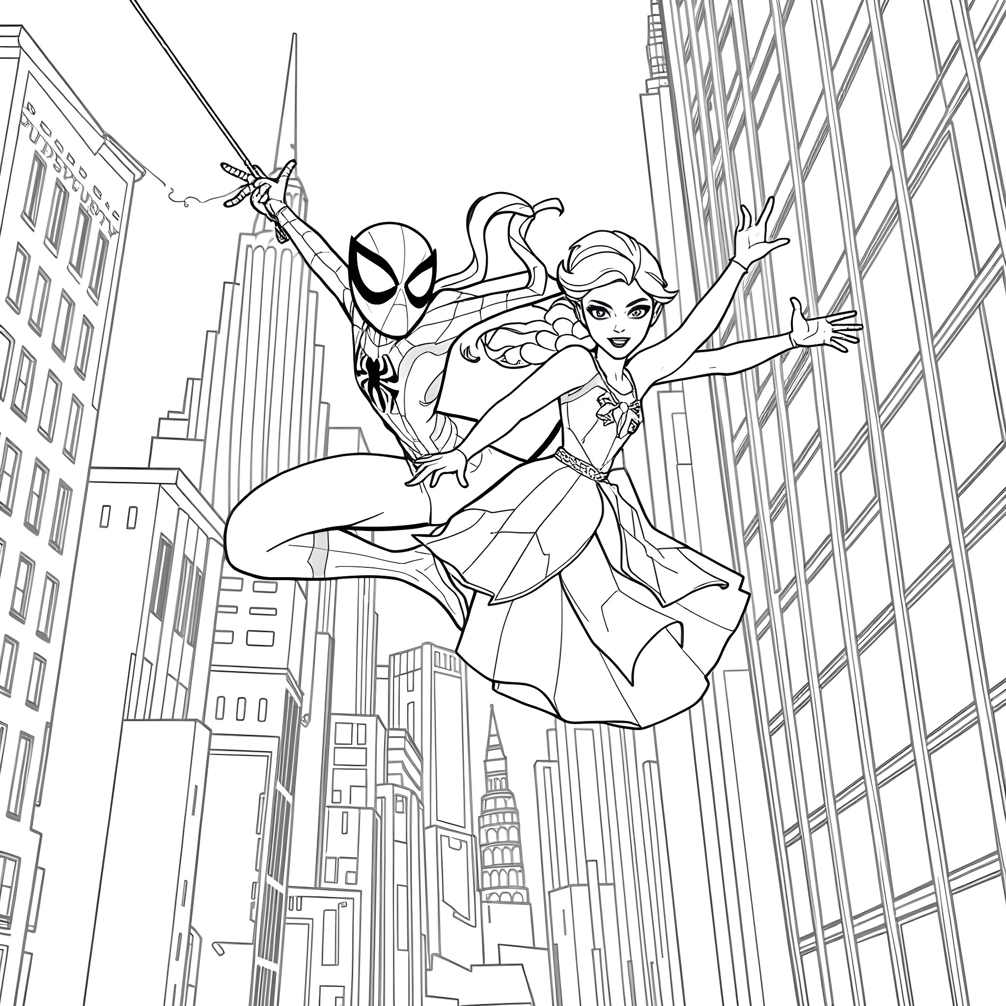 Spider Gwen swinging through the city with a hero Coloring Page (free black-and-white line drawing printable PDF for all, from beginners to advanced learners, including children, teens, adults, and seniors)