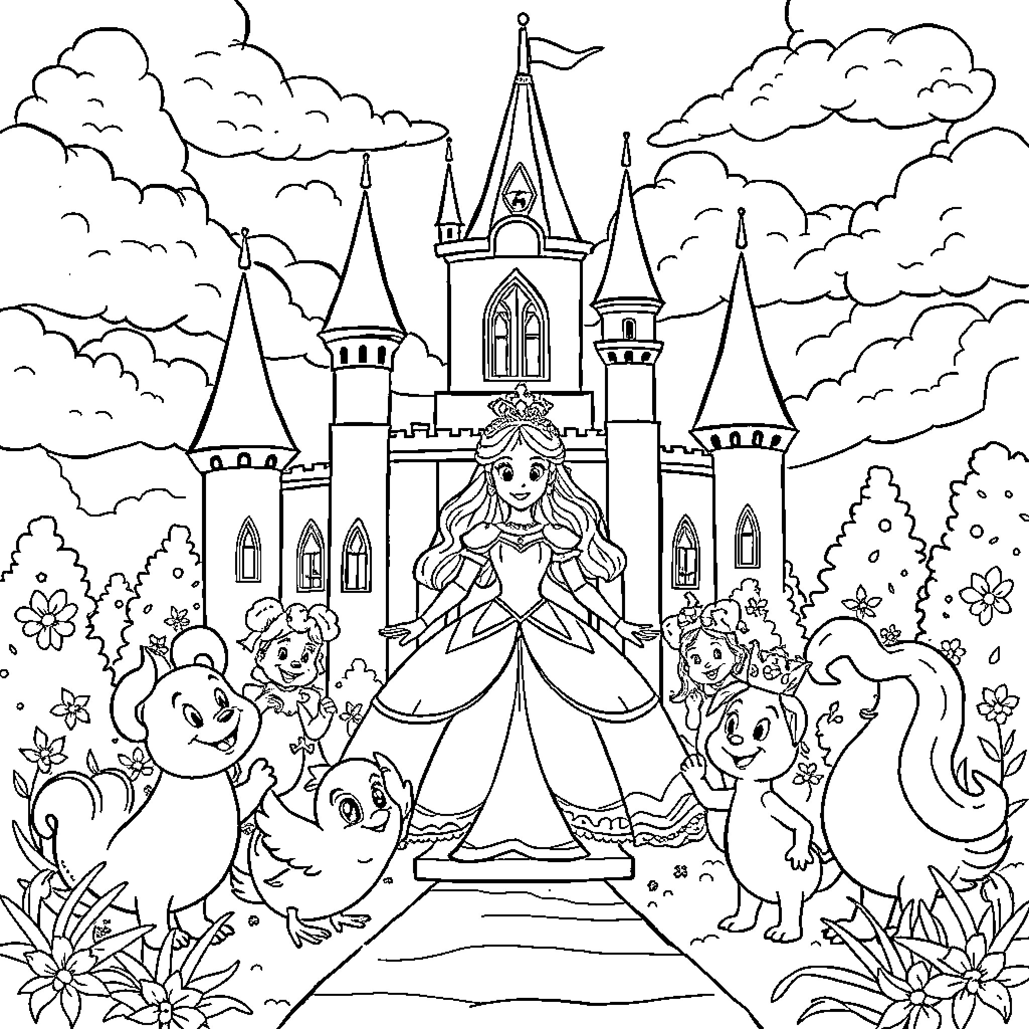 Princess at the Enchanted Castle with Magical Friends Coloring Page (free black-and-white line drawing printable PDF for all, from beginners to advanced learners, including children, teens, adults, and seniors)