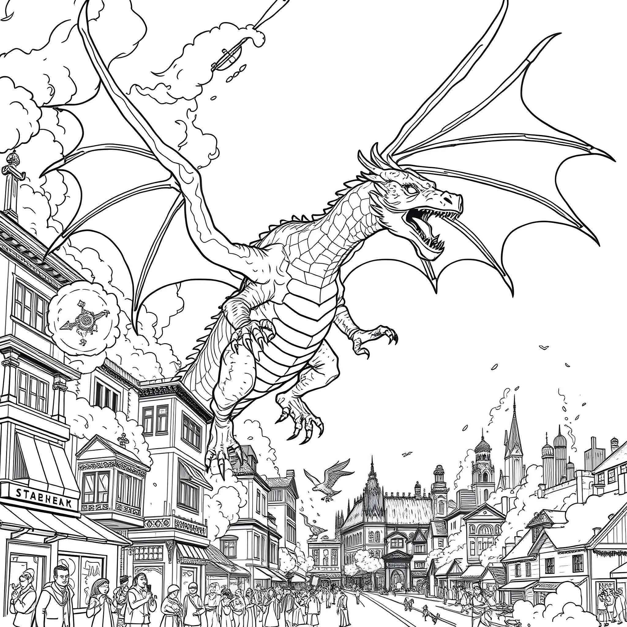 Dragon Soaring Over Bustling Medieval City Coloring Page (free black-and-white line drawing printable PDF for all, from beginners to advanced learners, including children, teens, adults, and seniors)