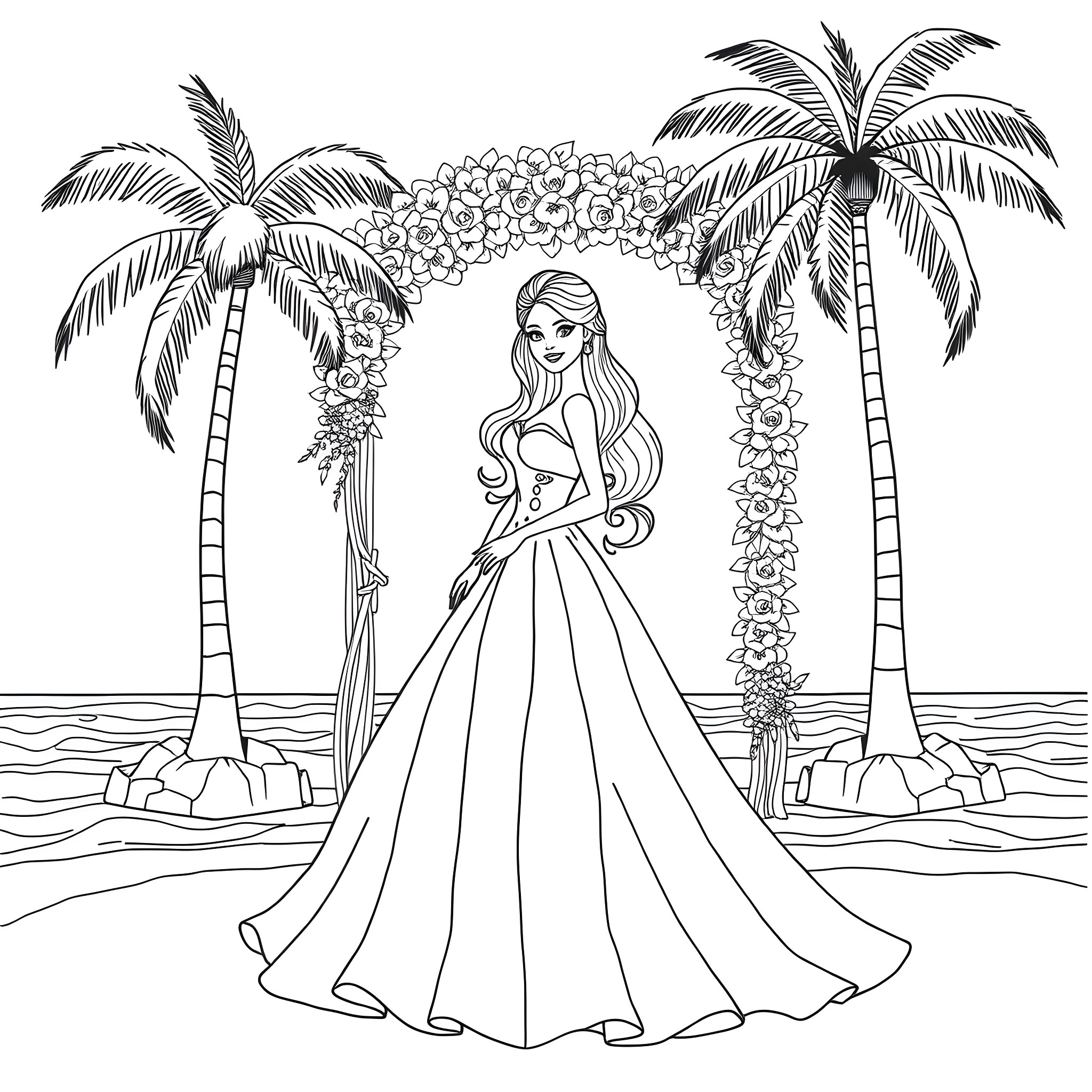 Barbie in a Tropical Paradise Coloring Page (free black-and-white line drawing printable PDF for all, from beginners to advanced learners, including children, teens, adults, and seniors)