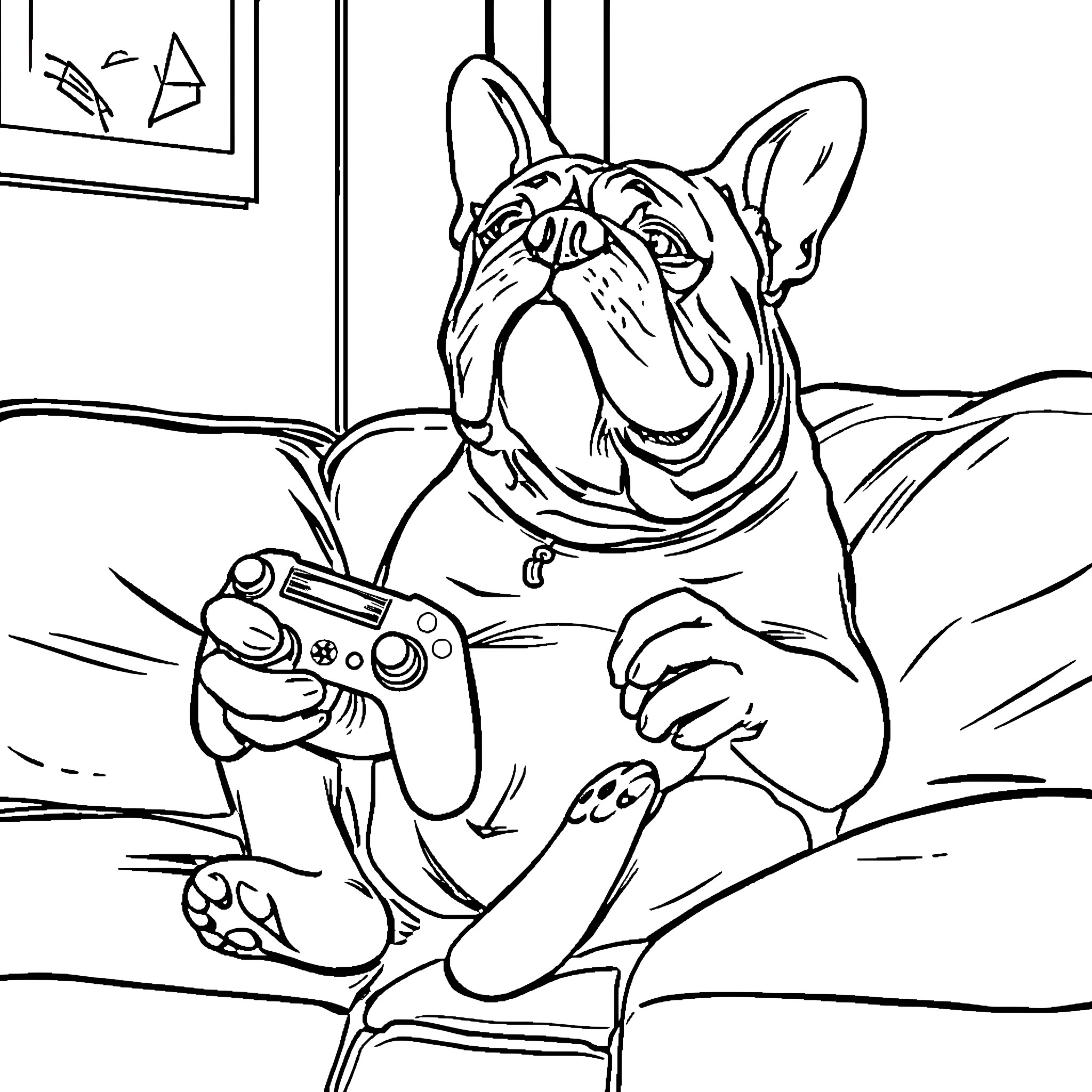 Bulldog playing video games on the couch Coloring Page (free black-and-white line drawing printable PDF for all, from beginners to advanced learners, including children, teens, adults, and seniors)