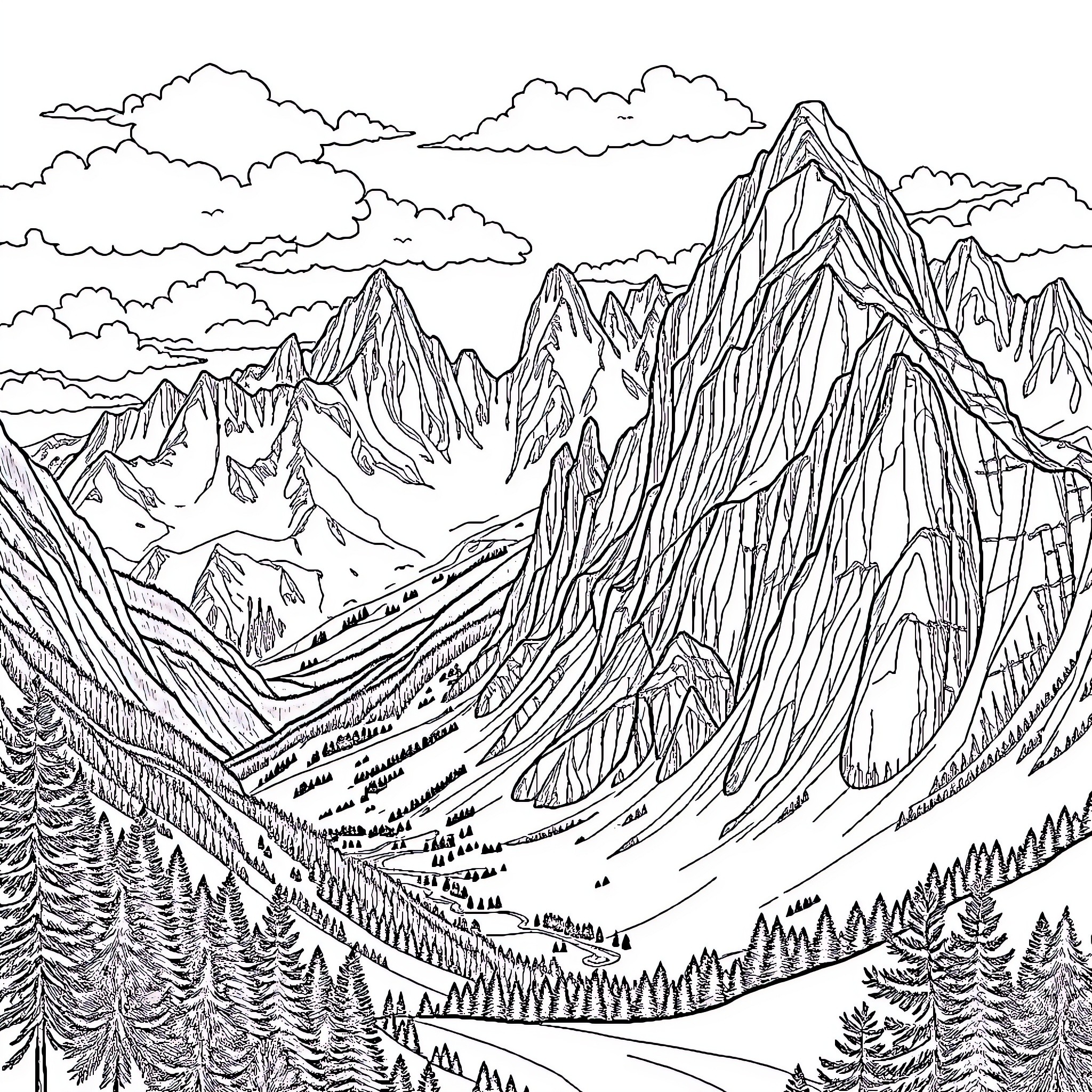 Dolomites mountain landscape with towering peaks Coloring Page (free black-and-white line drawing printable PDF for all, from beginners to advanced learners, including children, teens, adults, and seniors)