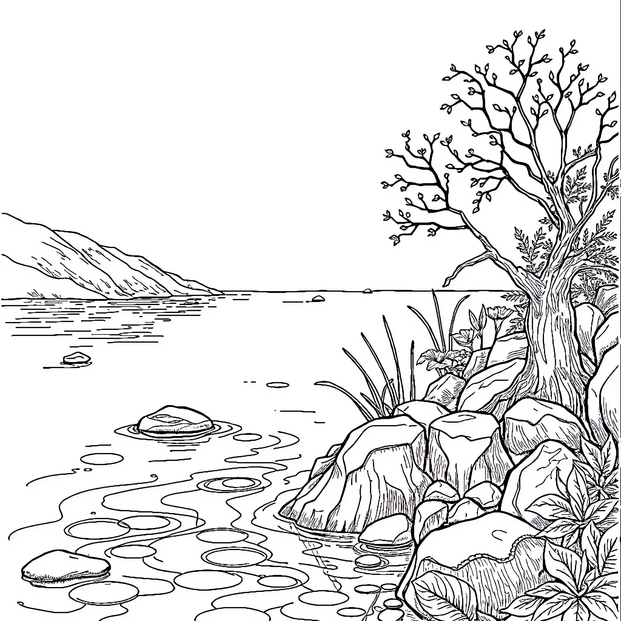 Siram scenic landscape by the lake Coloring Page (free black-and-white line drawing printable PDF for all, from beginners to advanced learners, including children, teens, adults, and seniors)