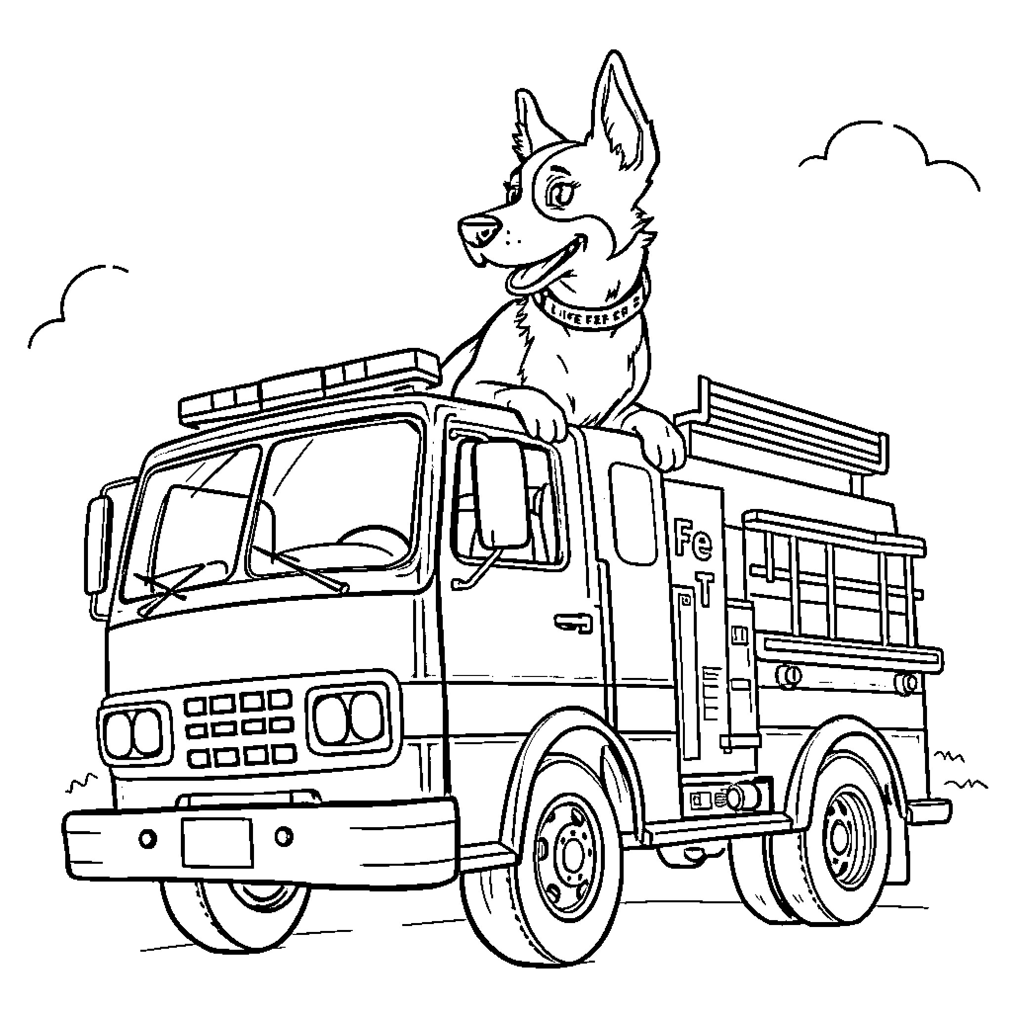 Blue Heeler Riding on Utility Truck Coloring Page (free black-and-white line drawing printable PDF for all, from beginners to advanced learners, including children, teens, adults, and seniors)