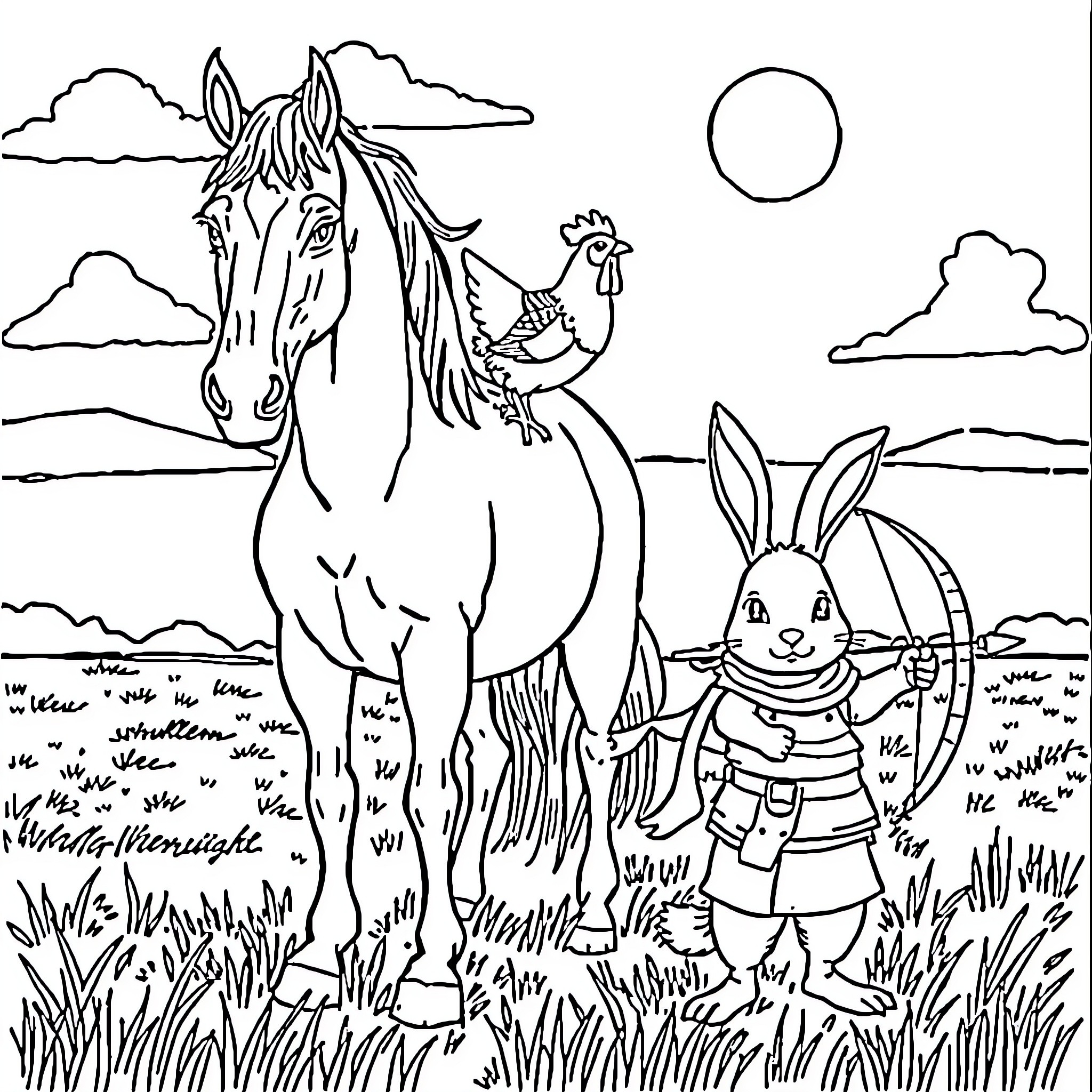 Horse and friends in a pastoral scene Coloring Page (free black-and-white line drawing printable PDF for all, from beginners to advanced learners, including children, teens, adults, and seniors)