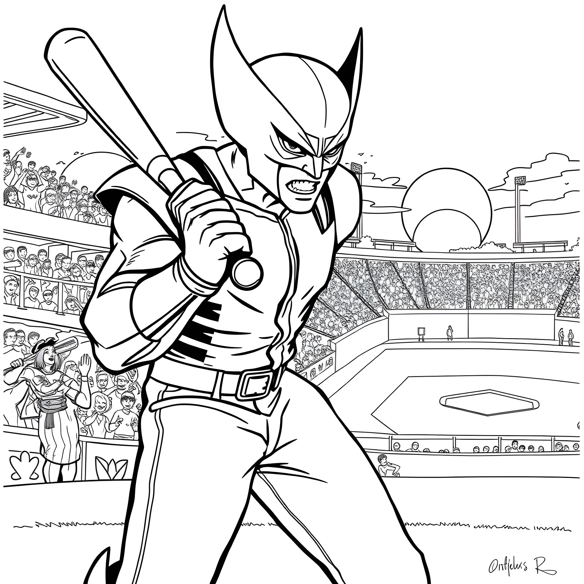 Wolverine's Fierce Batting Stance in the Stadium Coloring Page (free black-and-white line drawing printable PDF for all, from beginners to advanced learners, including children, teens, adults, and seniors)