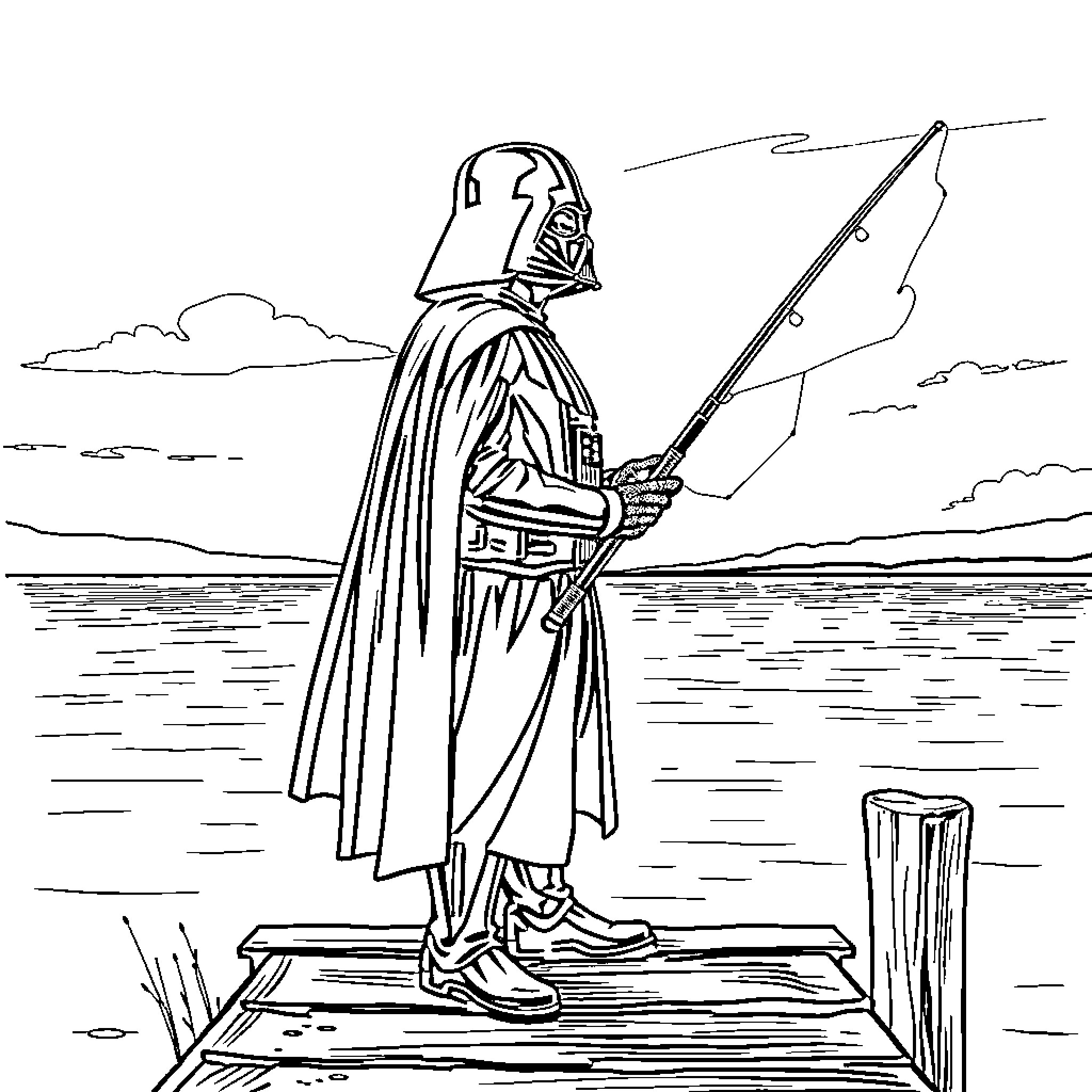 Darth Vader standing on a dock with fishing rod Coloring Page (free black-and-white line drawing printable PDF for all, from beginners to advanced learners, including children, teens, adults, and seniors)