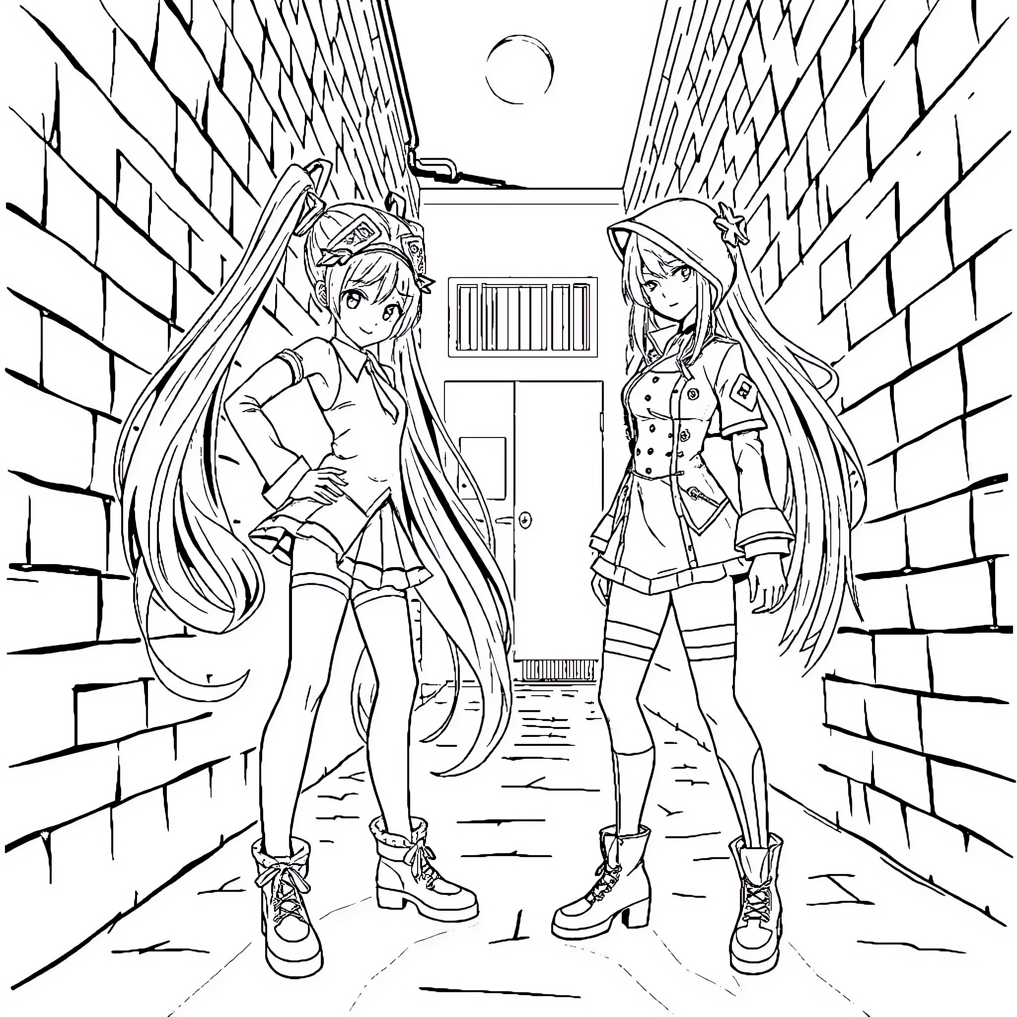 Hatsune Miku and Companion Exploring Urban Alley Coloring Page (free black-and-white line drawing printable PDF for all, from beginners to advanced learners, including children, teens, adults, and seniors)