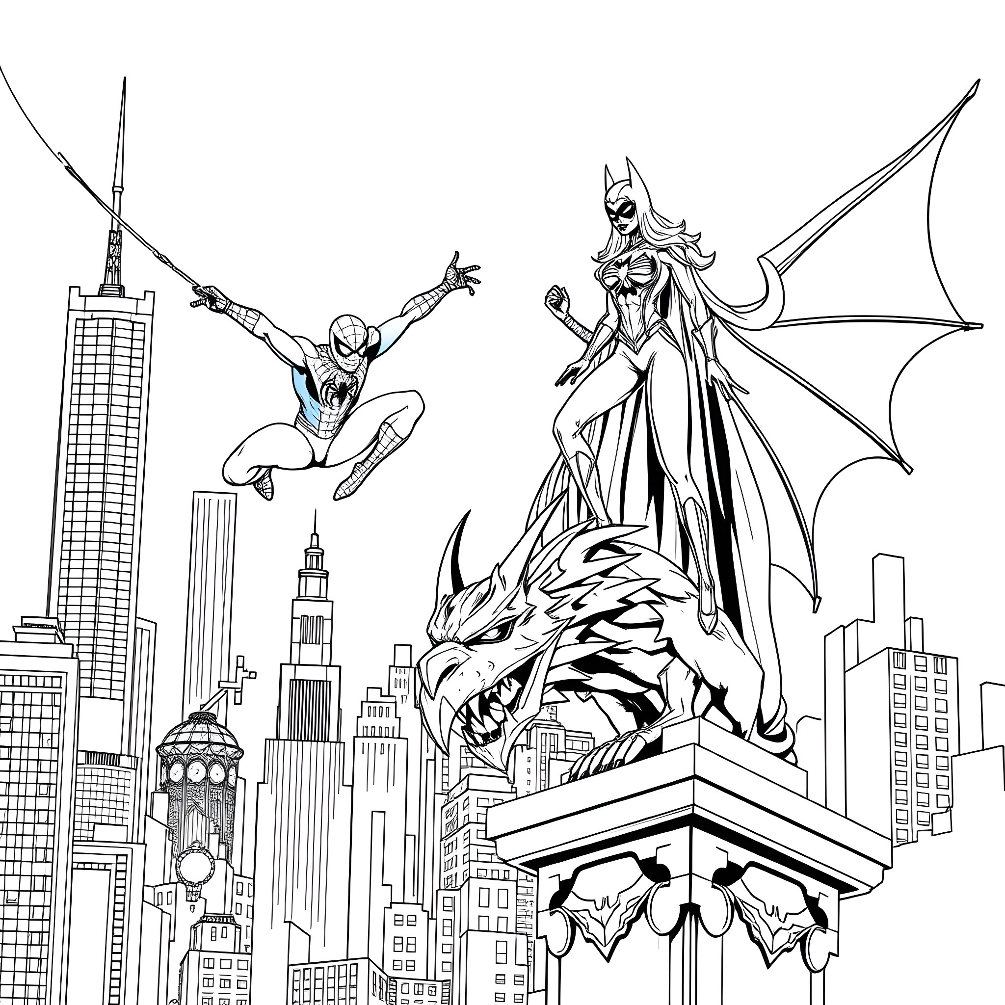 Spiderman and Bat-Winged Heroine Soar over Cityscape Coloring Page (free black-and-white line drawing printable PDF for all, from beginners to advanced learners, including children, teens, adults, and seniors)