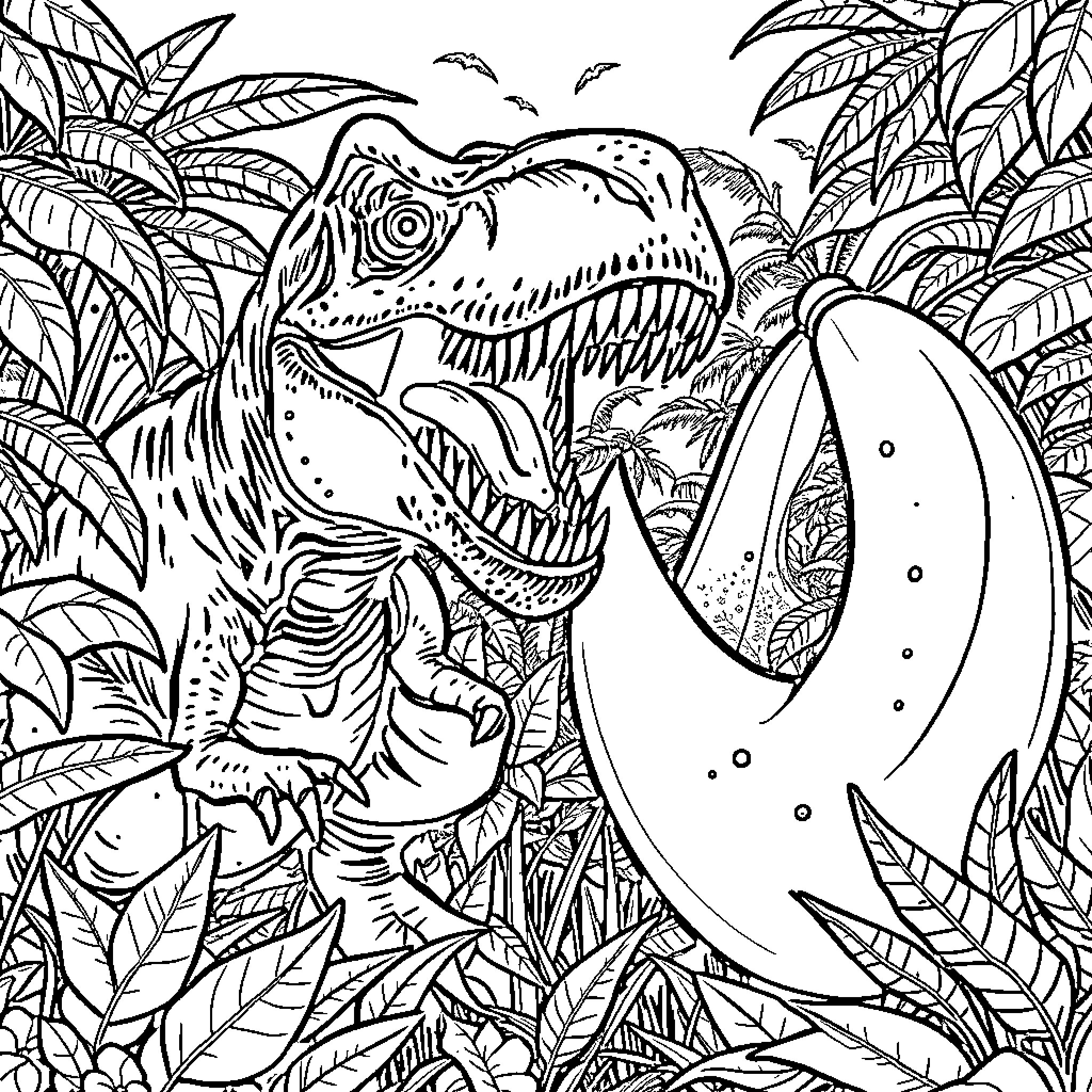 T-Rex Hunting in Jurassic Jungle Coloring Page (free black-and-white line drawing printable PDF for all, from beginners to advanced learners, including children, teens, adults, and seniors)