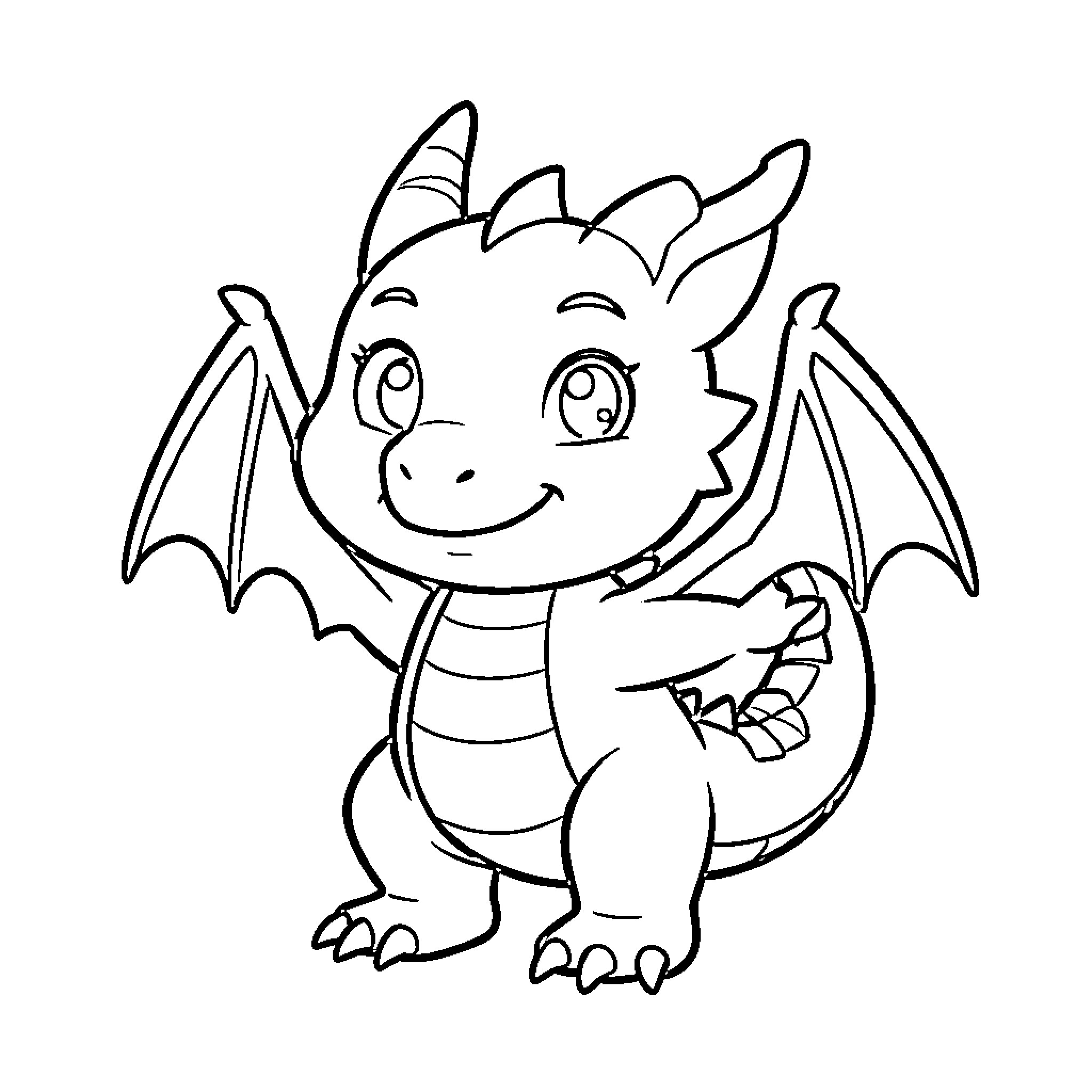 Dragon smiling happily while standing with wings spread Coloring Page (free black-and-white line drawing printable PDF for all, from beginners to advanced learners, including children, teens, adults, and seniors)