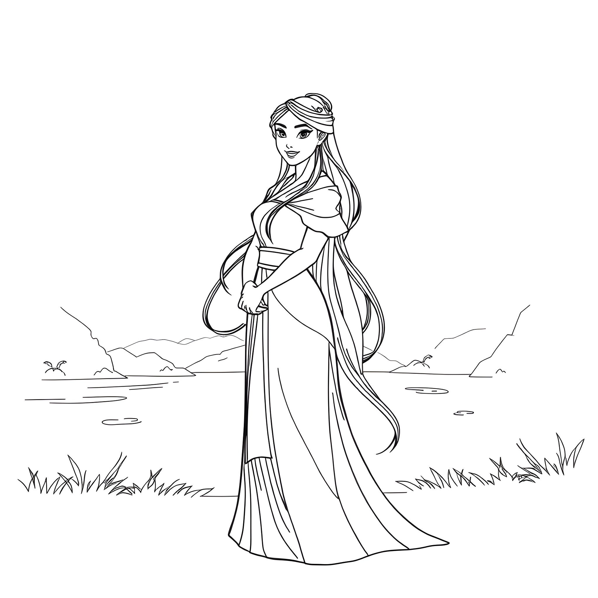 Mulan in traditional Chinese dress standing in nature Coloring Page (free black-and-white line drawing printable PDF for all, from beginners to advanced learners, including children, teens, adults, and seniors)