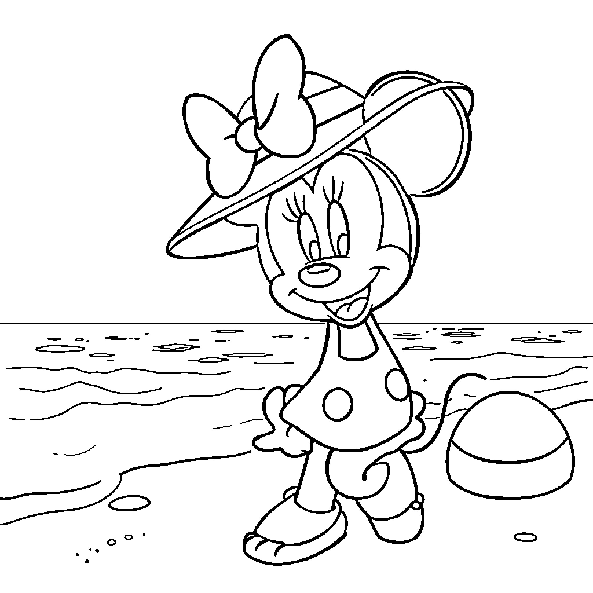Minnie Mouse enjoying a day at the beach Coloring Page (free black-and-white line drawing printable PDF for all, from beginners to advanced learners, including children, teens, adults, and seniors)