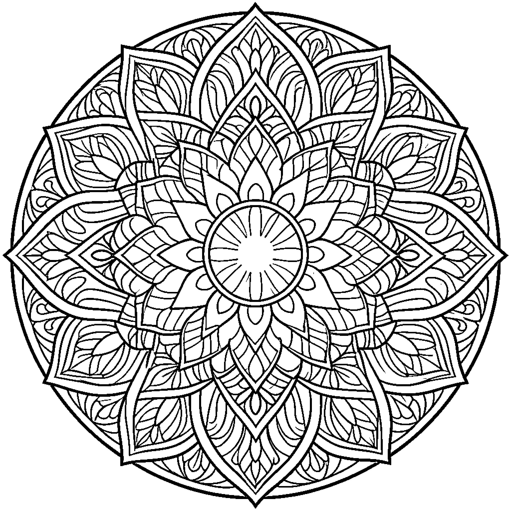 Mandala featuring symmetrical floral patterns and intricate petal layers Coloring Page (free black-and-white line drawing printable PDF for all, from beginners to advanced learners, including children, teens, adults, and seniors)