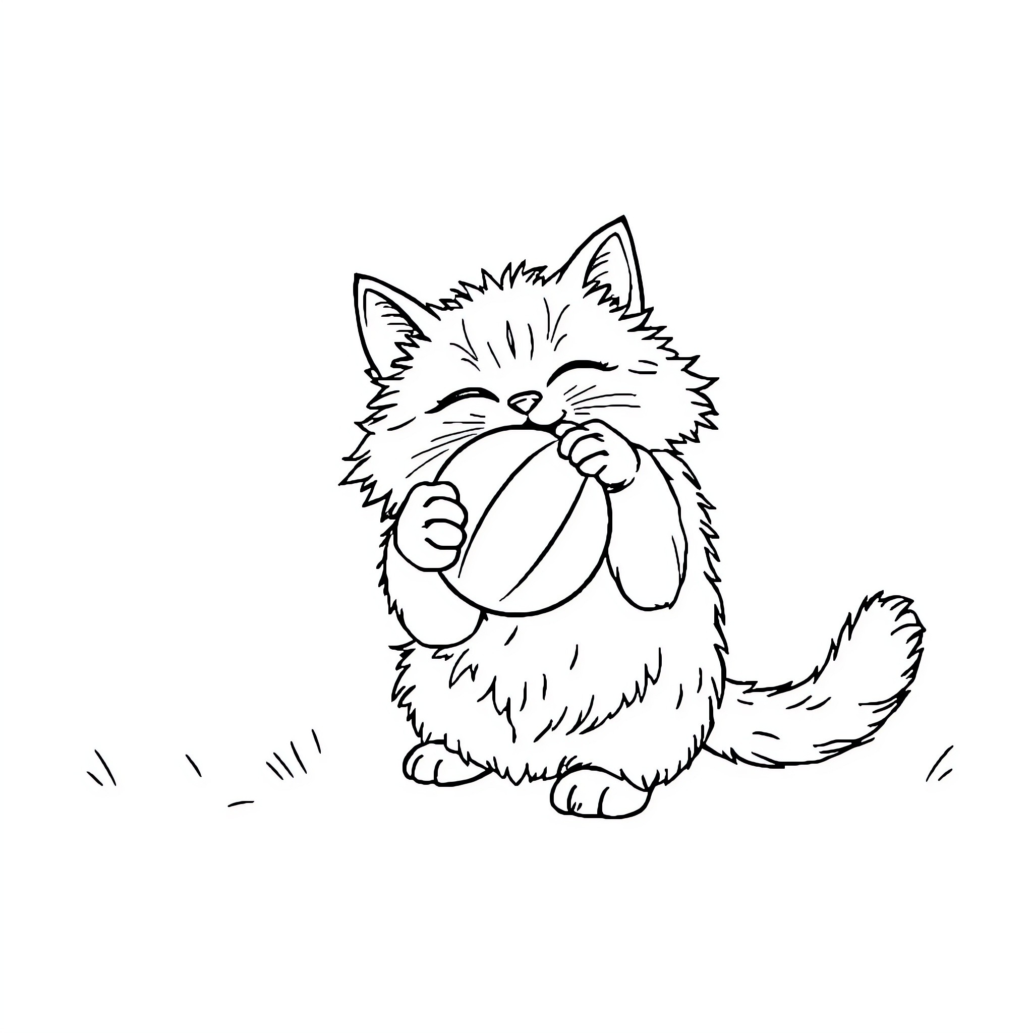 Cat playing with a ball Coloring Page (free black-and-white line drawing printable PDF for all, from beginners to advanced learners, including children, teens, adults, and seniors)