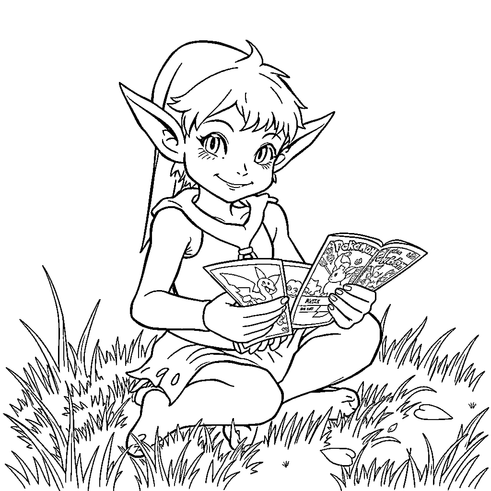 Elf Reading an Adventure Book in the Forest Coloring Page (free black-and-white line drawing printable PDF for all, from beginners to advanced learners, including children, teens, adults, and seniors)