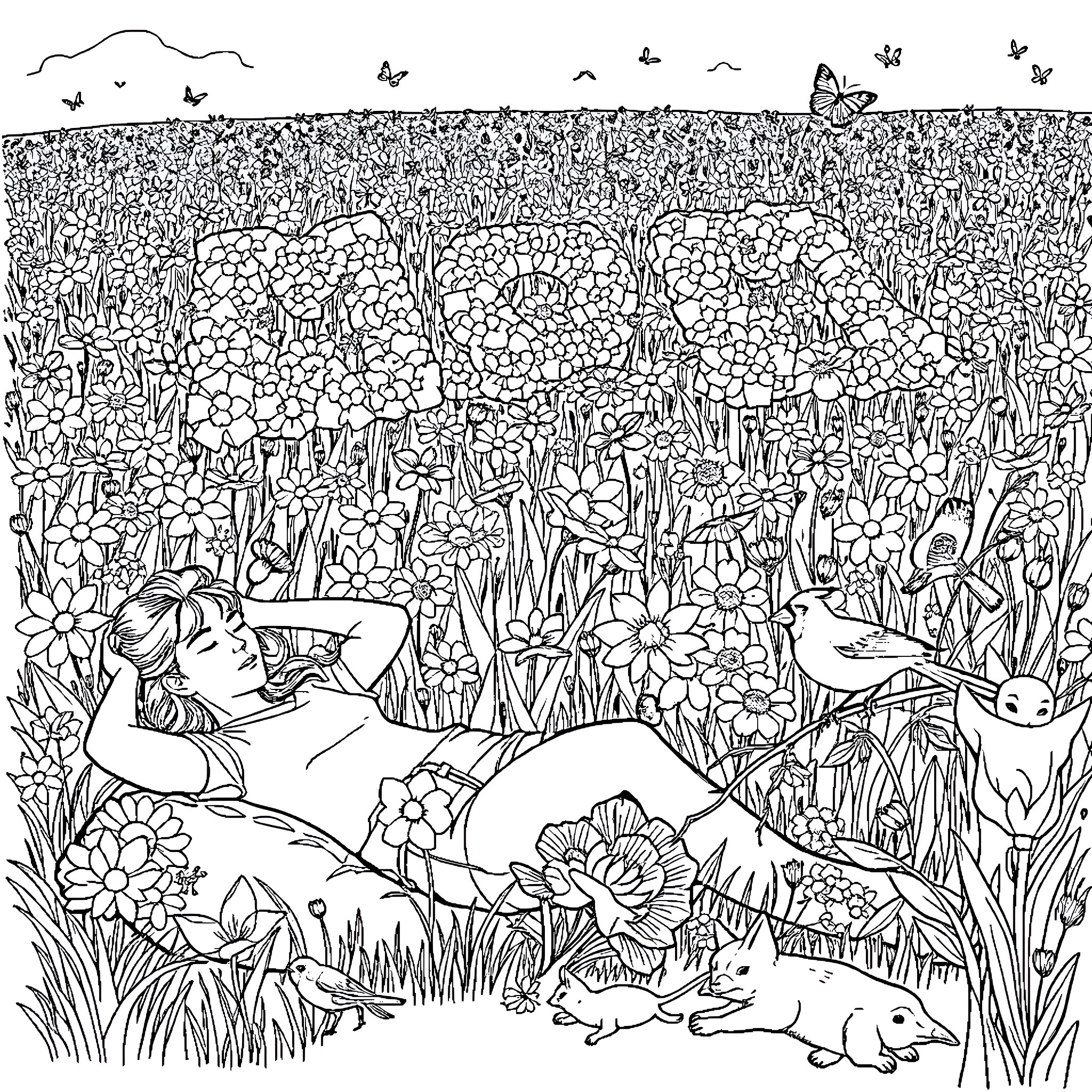 Flower field with resting person and wildlife Coloring Page (free black-and-white line drawing printable PDF for all, from beginners to advanced learners, including children, teens, adults, and seniors)