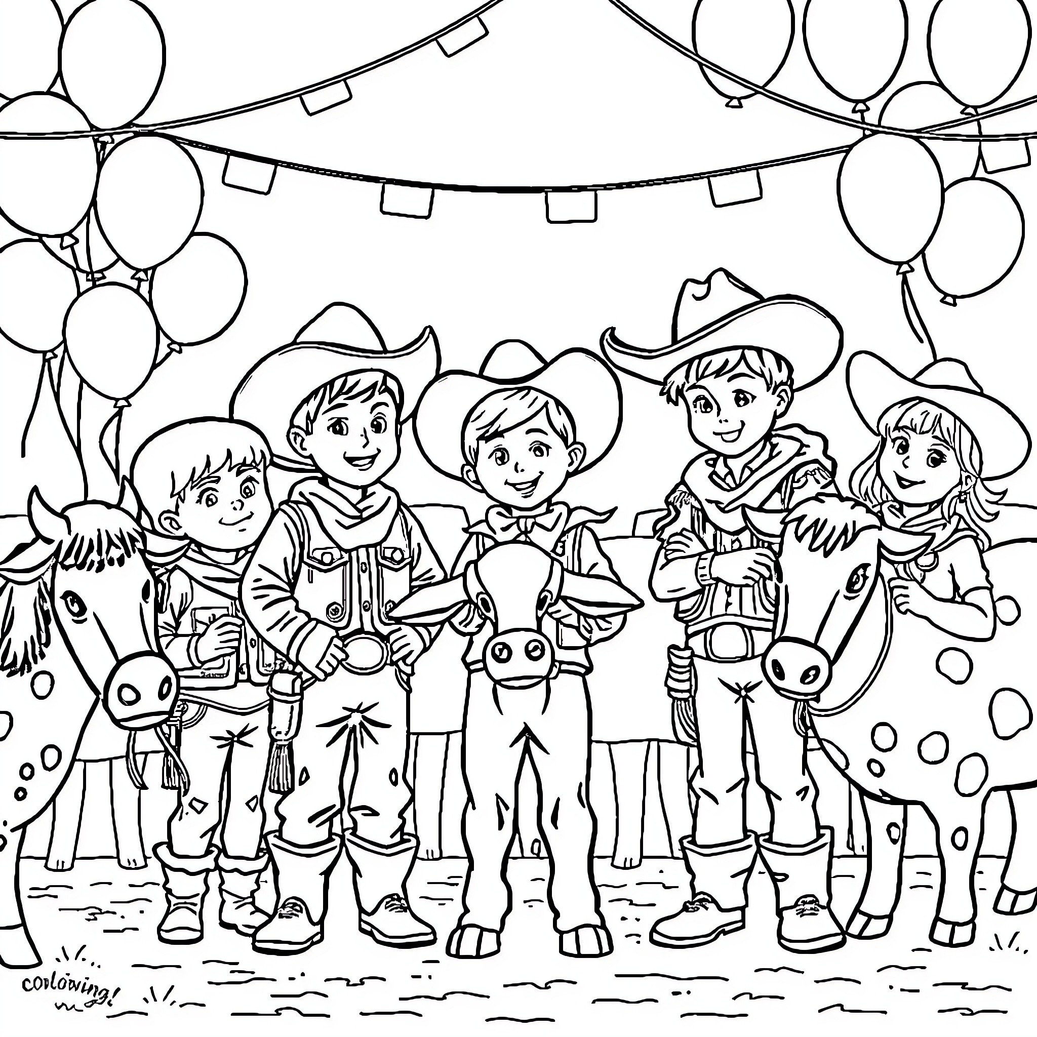 Boy Cowboy Friends Celebrating at Party Coloring Page (free black-and-white line drawing printable PDF for all, from beginners to advanced learners, including children, teens, adults, and seniors)