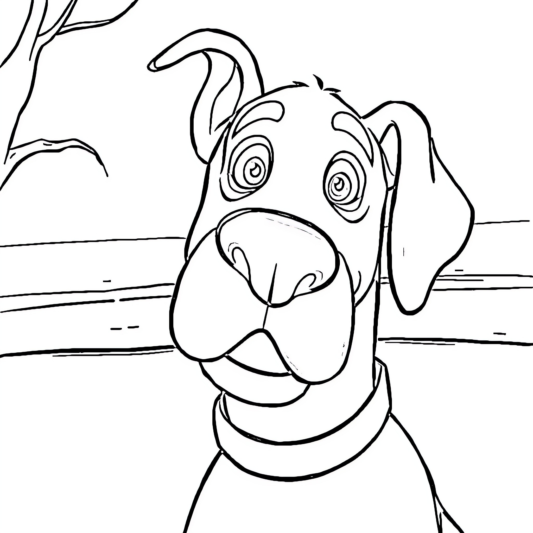 Scooby Doo's Curious Expression in the Woods Coloring Page (free black-and-white line drawing printable PDF for all, from beginners to advanced learners, including children, teens, adults, and seniors)
