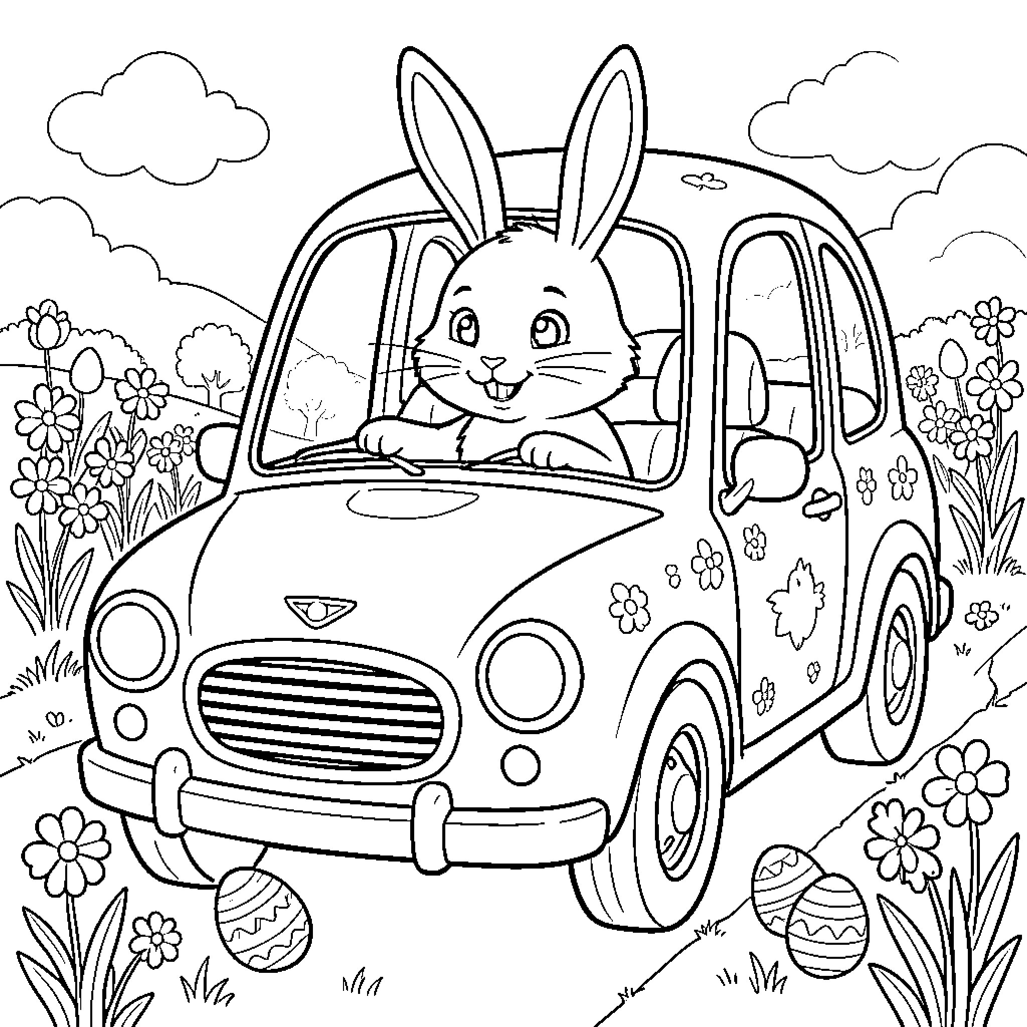 Easter Bunny driving a colorful car in nature Coloring Page (free black-and-white line drawing printable PDF for all, from beginners to advanced learners, including children, teens, adults, and seniors)