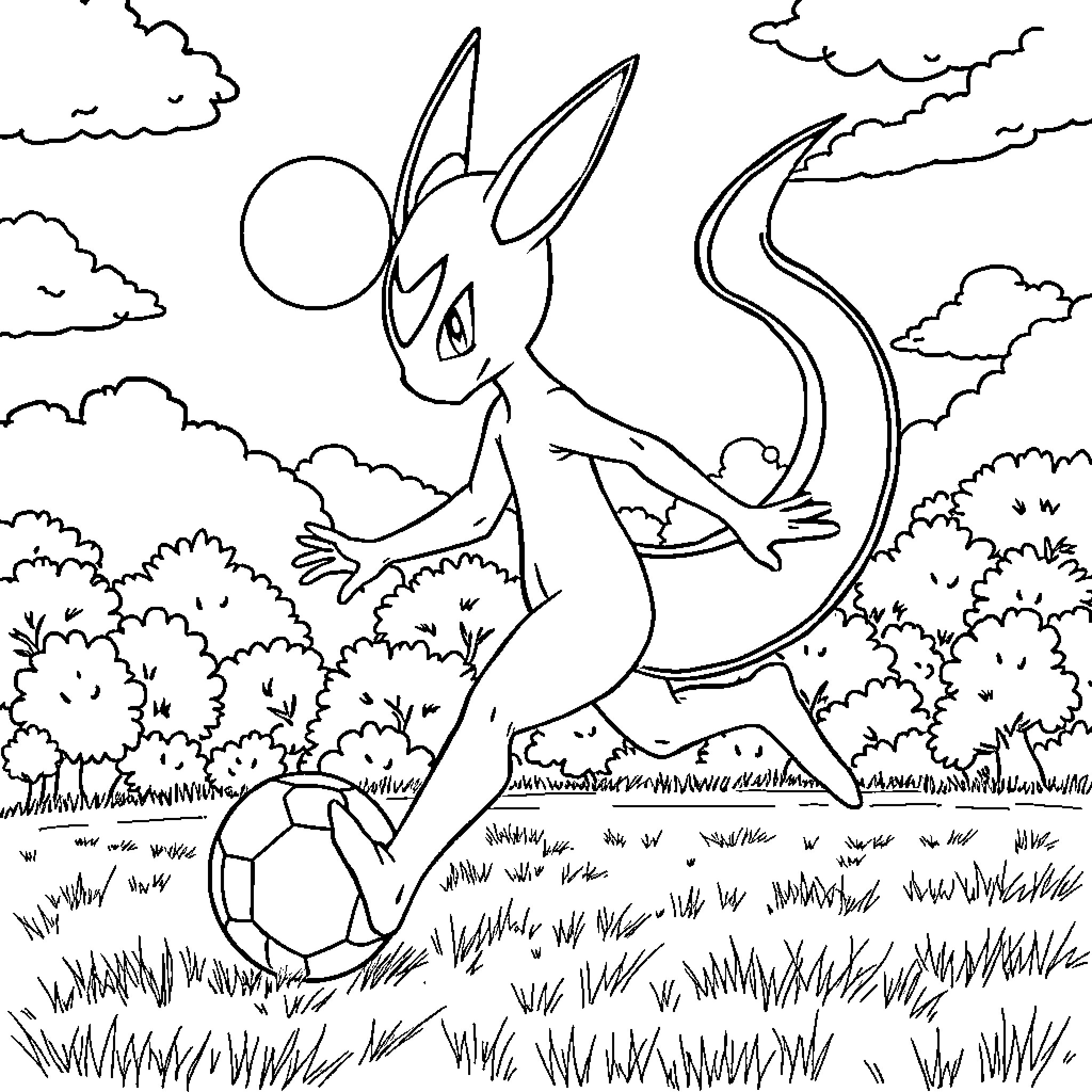 Mewtwo in a Grassy Outdoor Scene Coloring Page (free black-and-white line drawing printable PDF for all, from beginners to advanced learners, including children, teens, adults, and seniors)