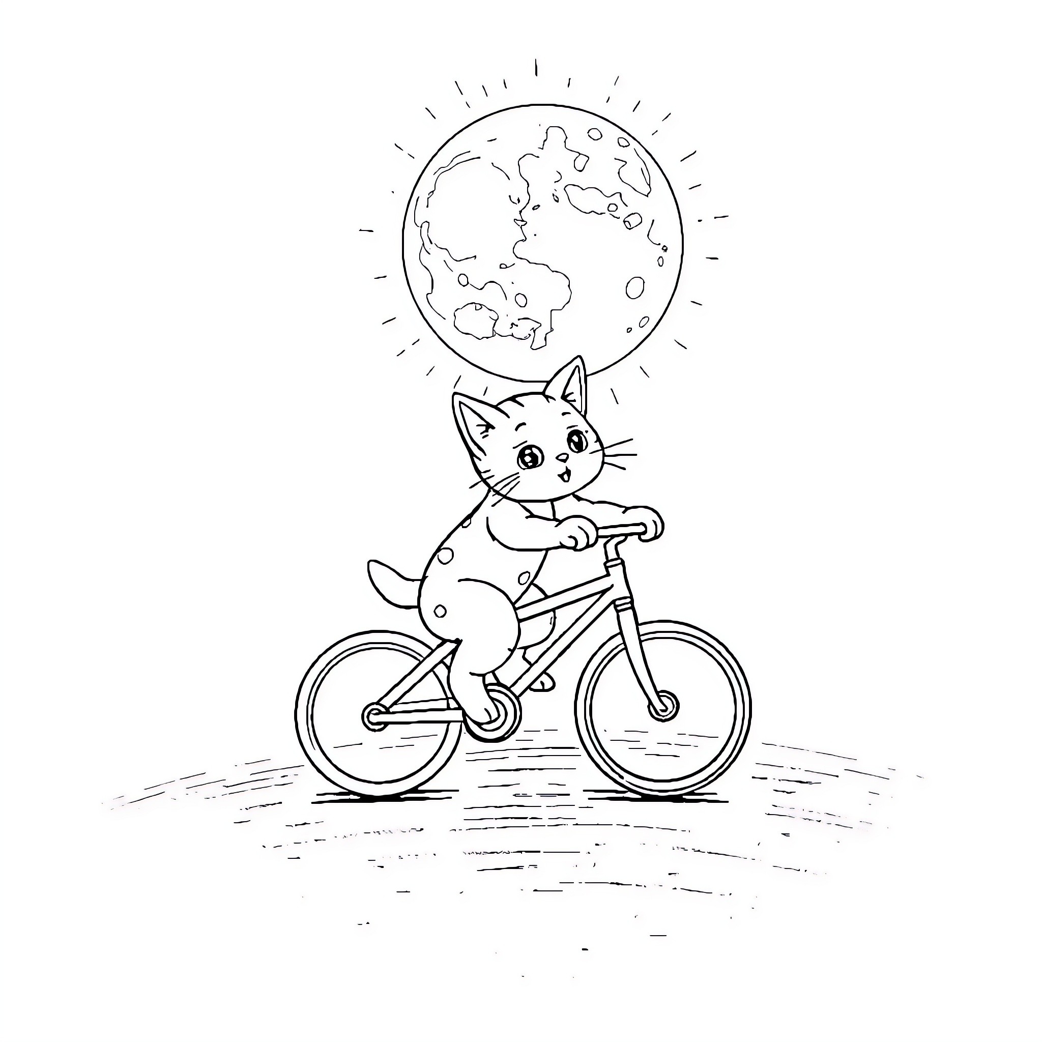 Chat with a curious cat riding a bicycle under the moon Coloring Page (free black-and-white line drawing printable PDF for all, from beginners to advanced learners, including children, teens, adults, and seniors)