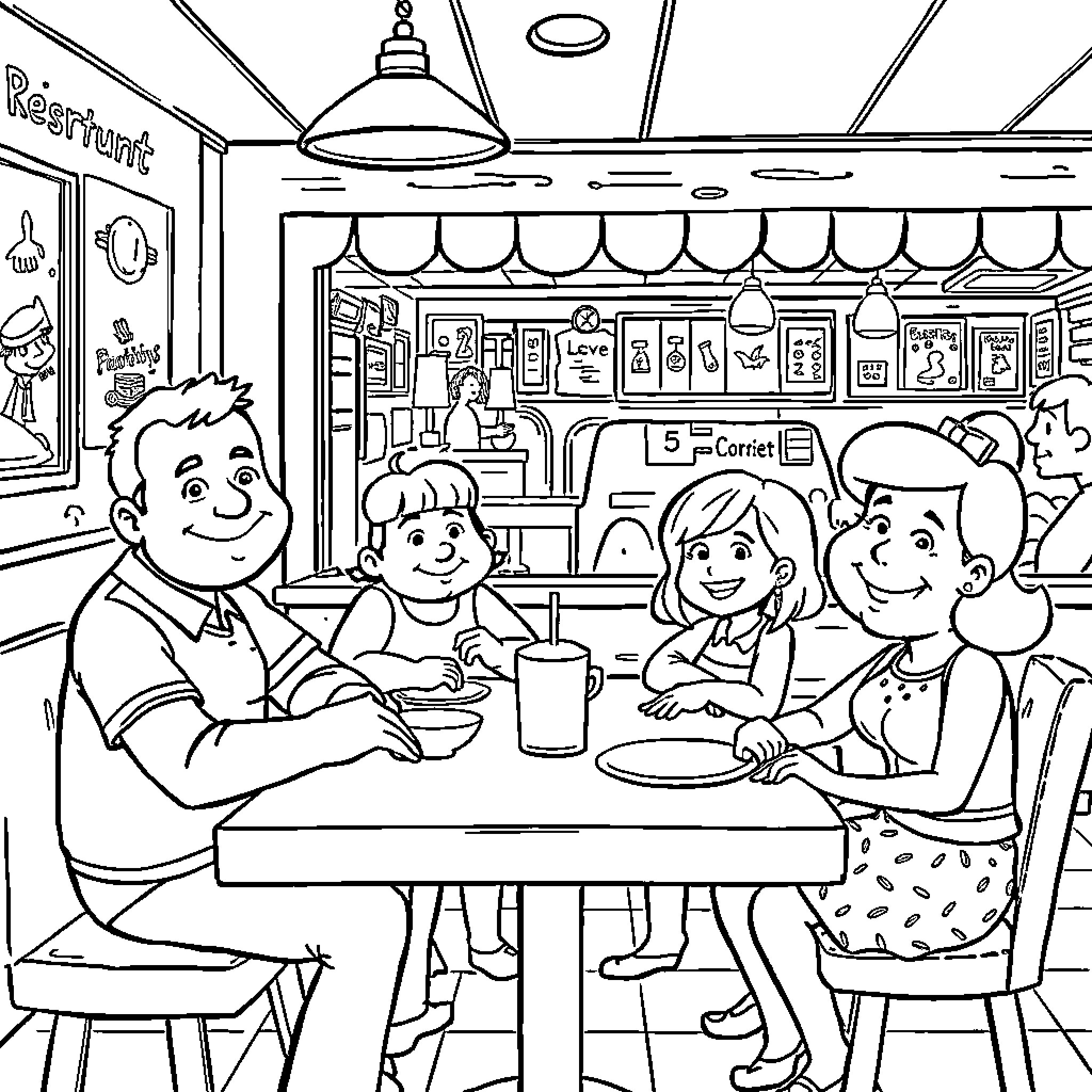Gene's Family Dinner at the Diner Coloring Page (free black-and-white line drawing printable PDF for all, from beginners to advanced learners, including children, teens, adults, and seniors)
