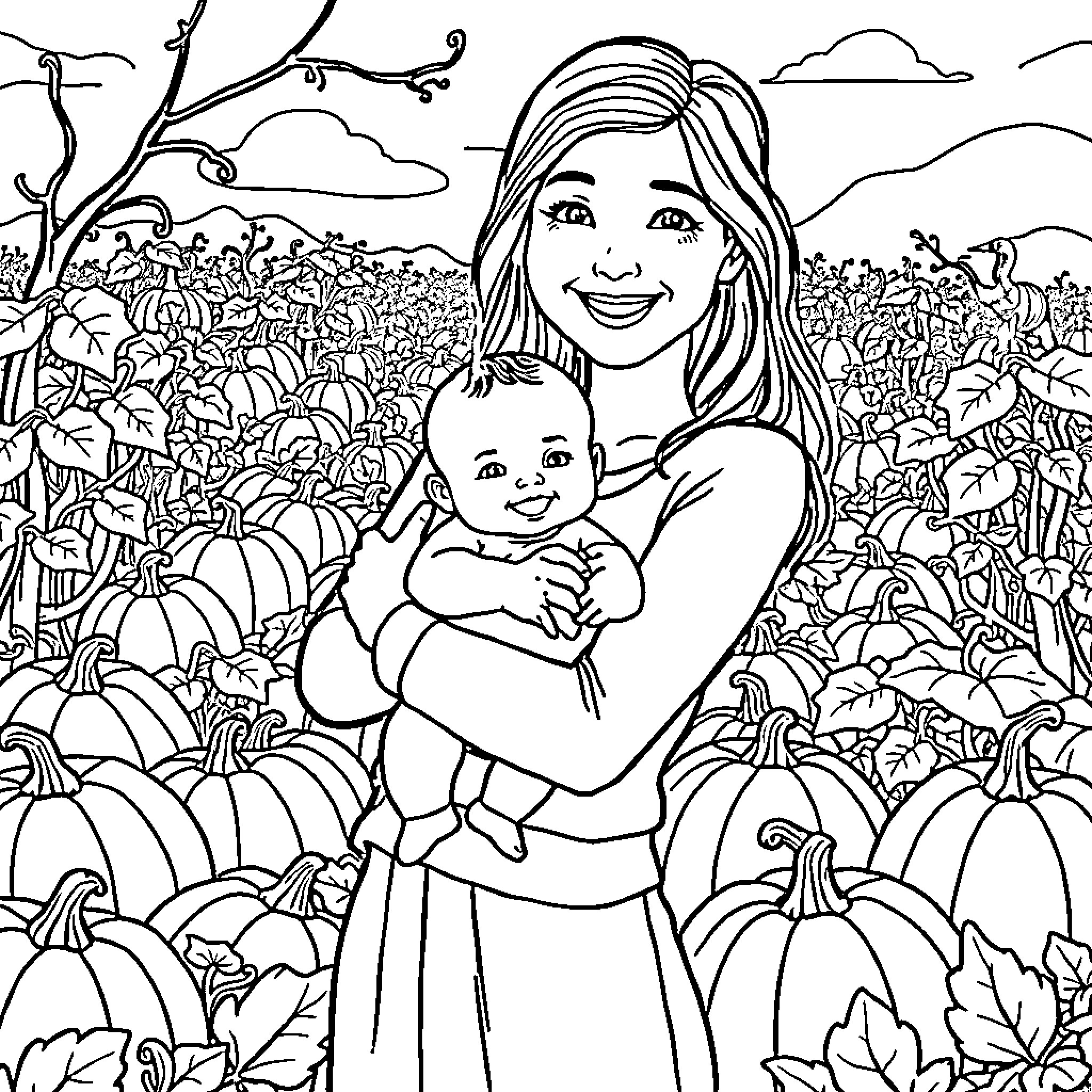 Mother and Child in a Pumpkin Patch Coloring Page (free black-and-white line drawing printable PDF for all, from beginners to advanced learners, including children, teens, adults, and seniors)