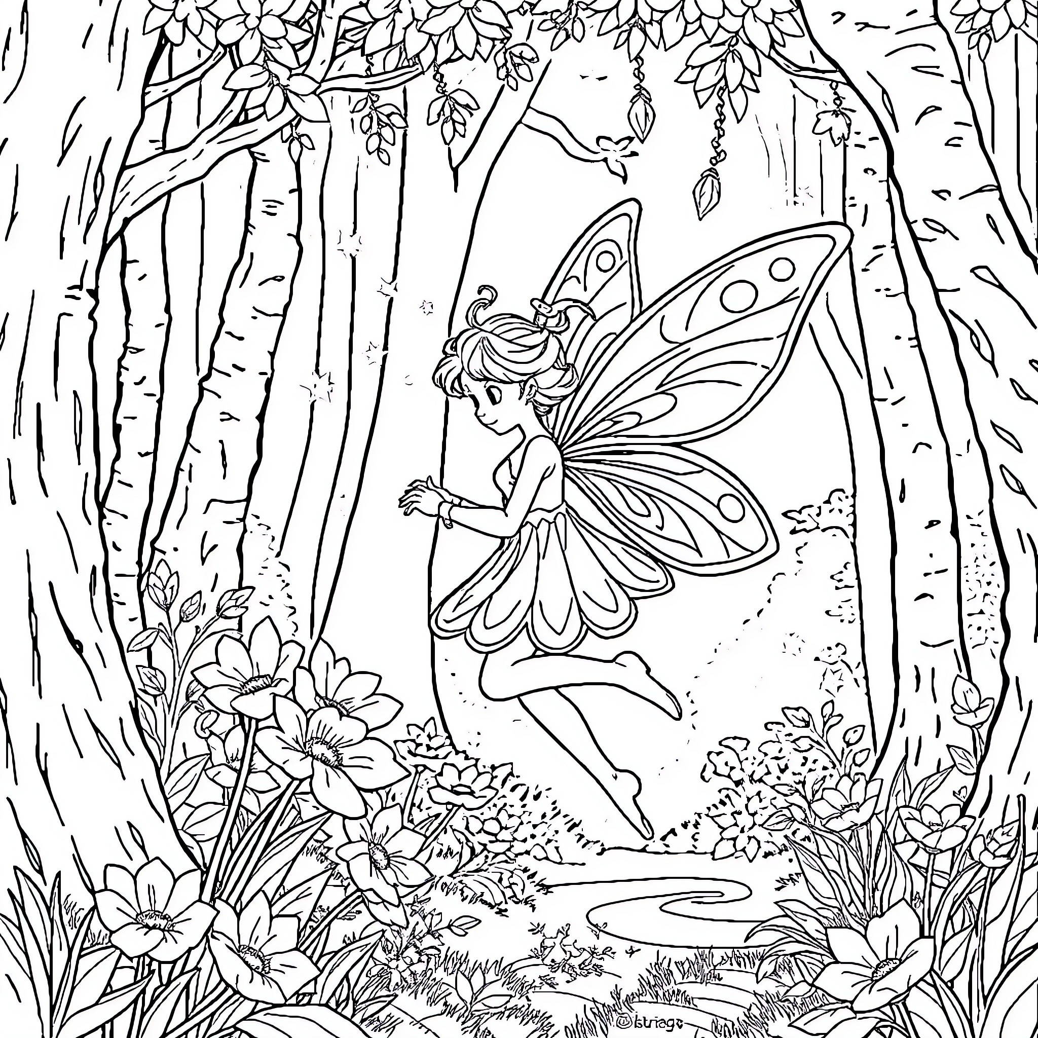 Fairy dancing gracefully in enchanted forest Coloring Page (free black-and-white line drawing printable PDF for all, from beginners to advanced learners, including children, teens, adults, and seniors)
