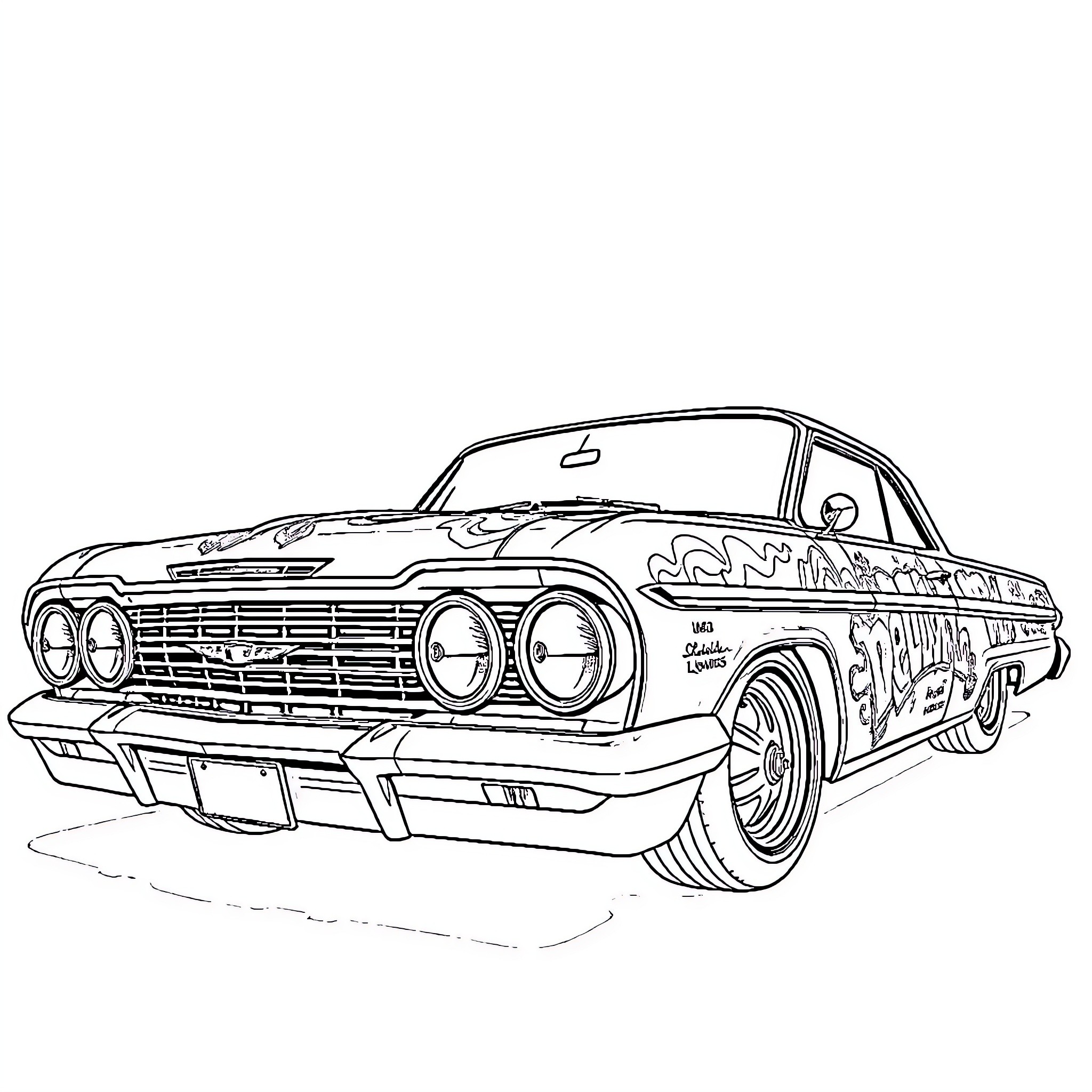 Impala lowrider with custom graffiti design Coloring Page (free black-and-white line drawing printable PDF for all, from beginners to advanced learners, including children, teens, adults, and seniors)
