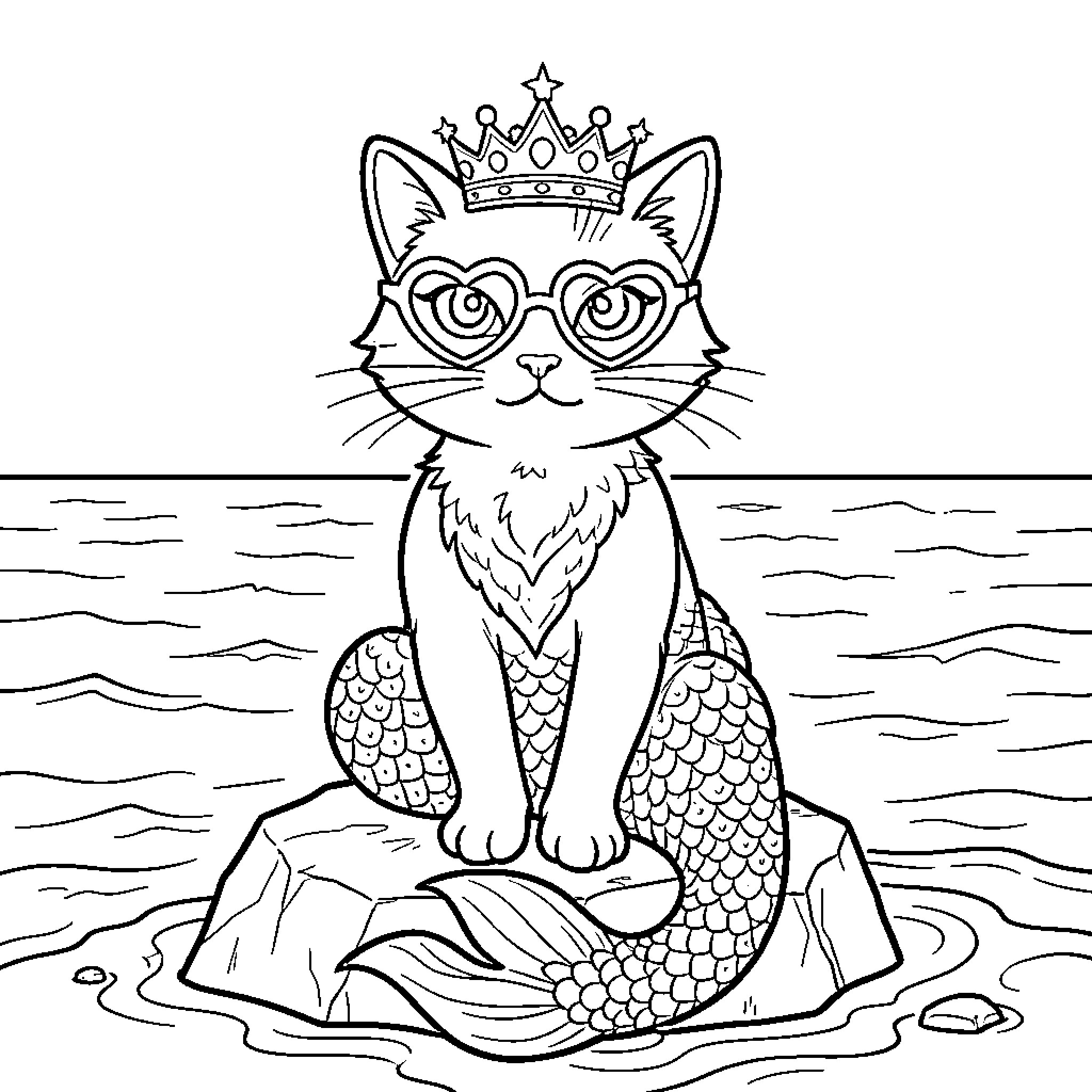 Merman Cat wearing a crown and heart glasses Coloring Page (free black-and-white line drawing printable PDF for all, from beginners to advanced learners, including children, teens, adults, and seniors)