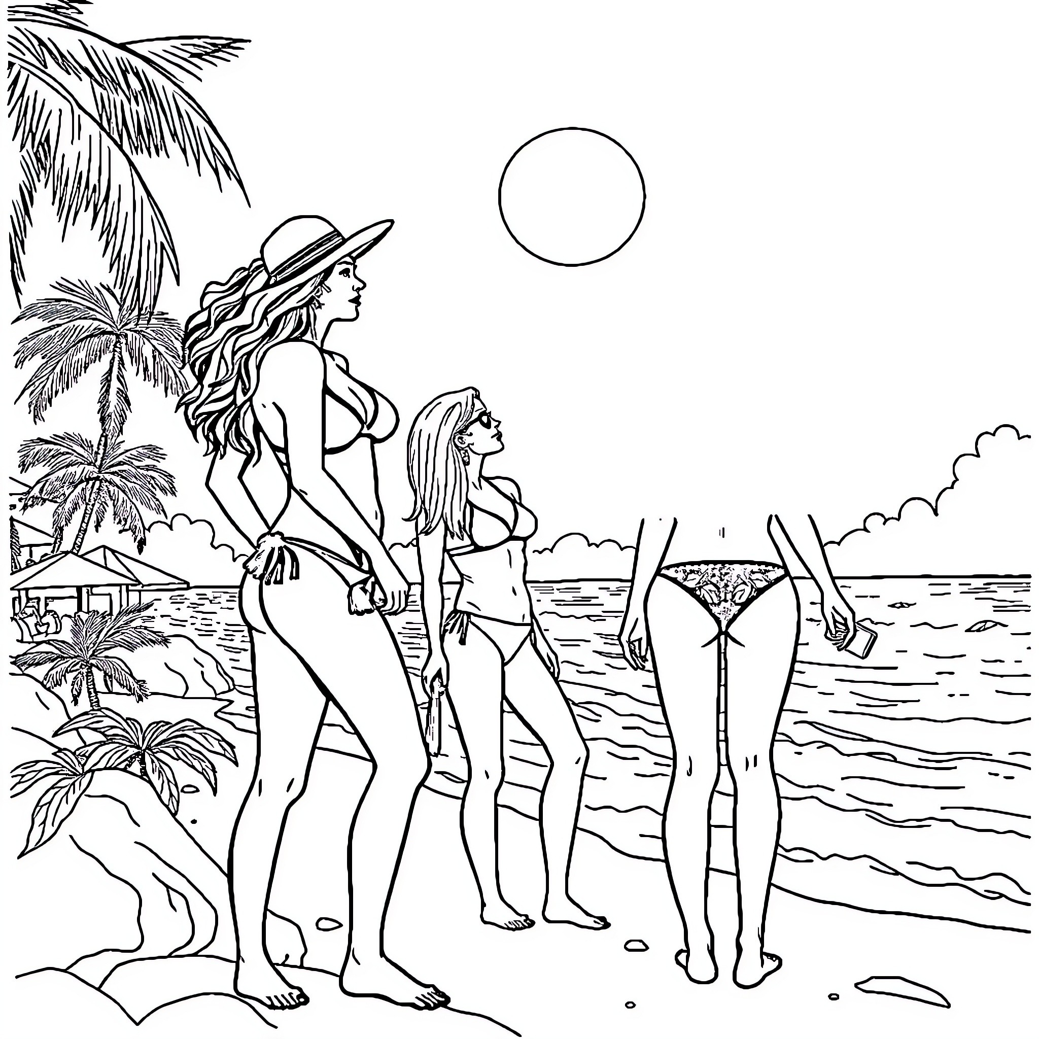 Bikini Women Enjoying the Beach Scenery Coloring Page (free black-and-white line drawing printable PDF for all, from beginners to advanced learners, including children, teens, adults, and seniors)