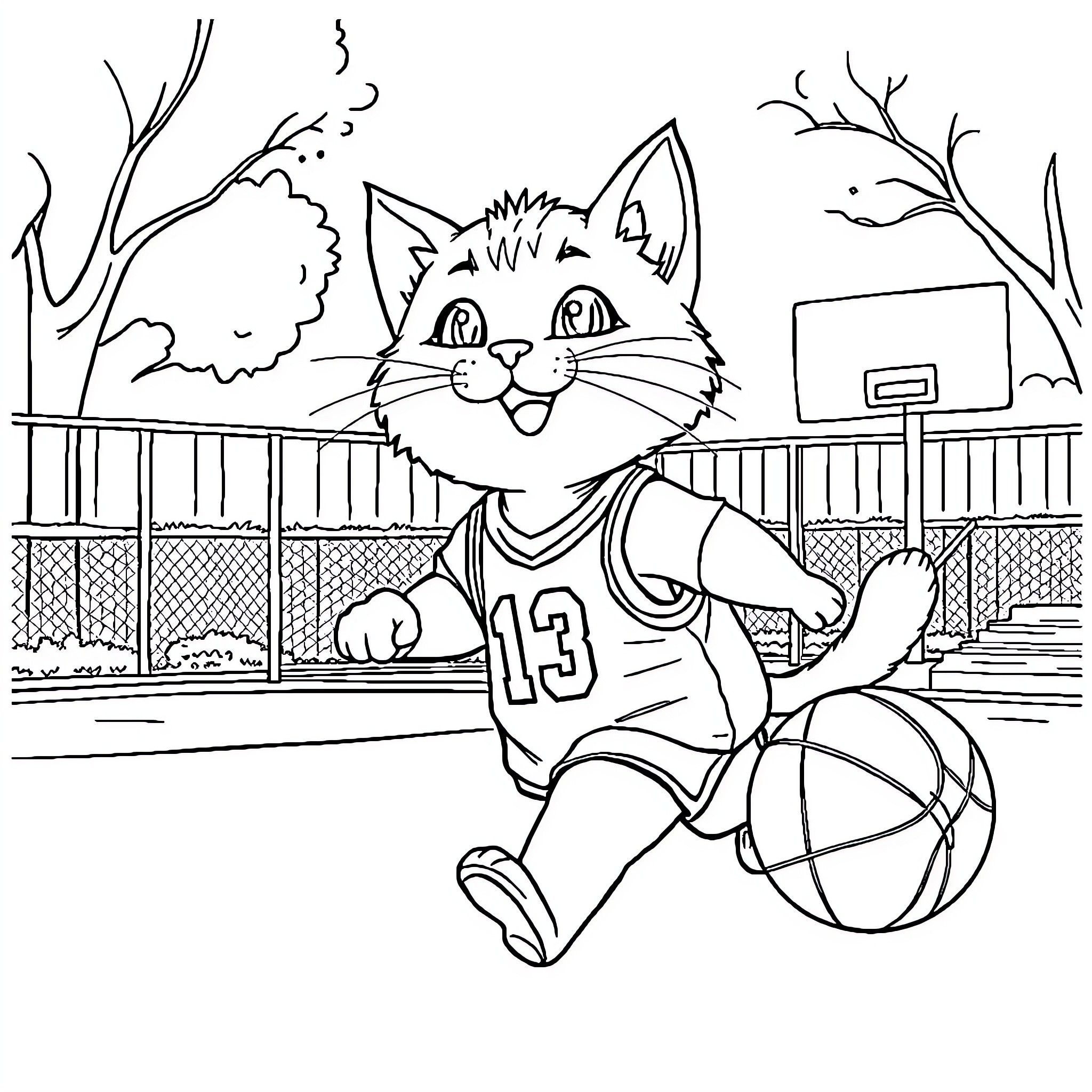 Cat playing basketball on the court Coloring Page (free black-and-white line drawing printable PDF for all, from beginners to advanced learners, including children, teens, adults, and seniors)