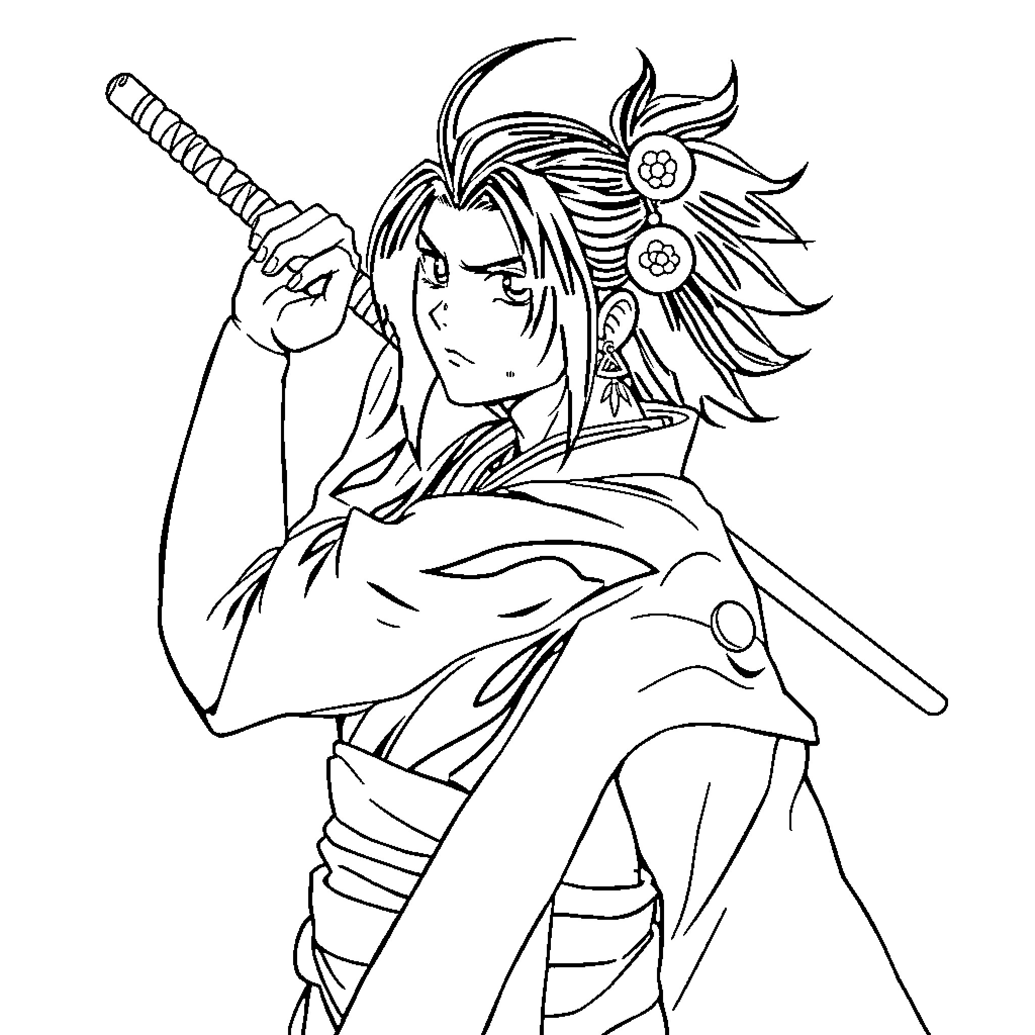 Tanjiro, the Determined Demon Slayer in Action Coloring Page (free black-and-white line drawing printable PDF for all, from beginners to advanced learners, including children, teens, adults, and seniors)