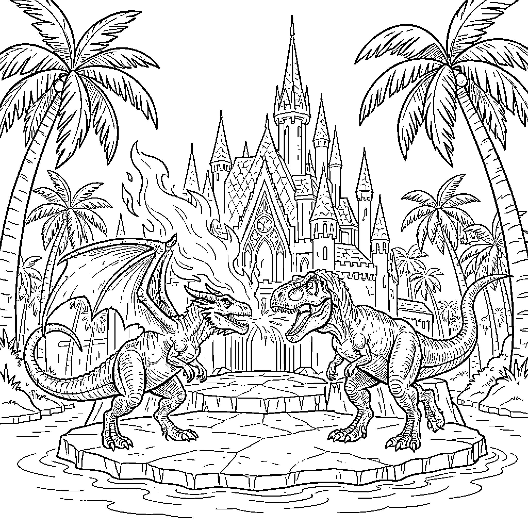 Dragon breathing fire at a dinosaur near a castle Coloring Page (free black-and-white line drawing printable PDF for all, from beginners to advanced learners, including children, teens, adults, and seniors)