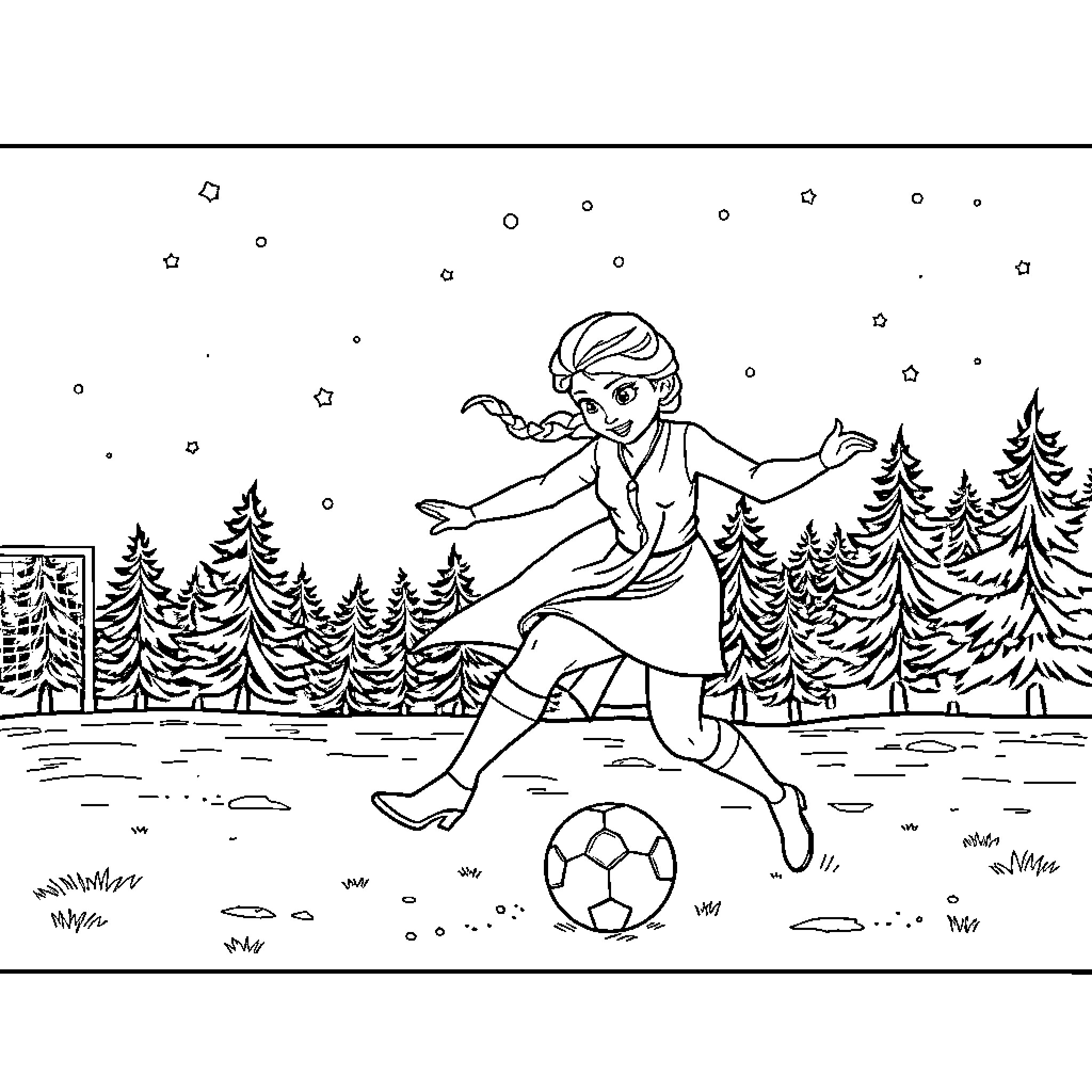 Frozen Kid Playing Soccer in the Winter Wonderland Coloring Page (free black-and-white line drawing printable PDF for all, from beginners to advanced learners, including children, teens, adults, and seniors)