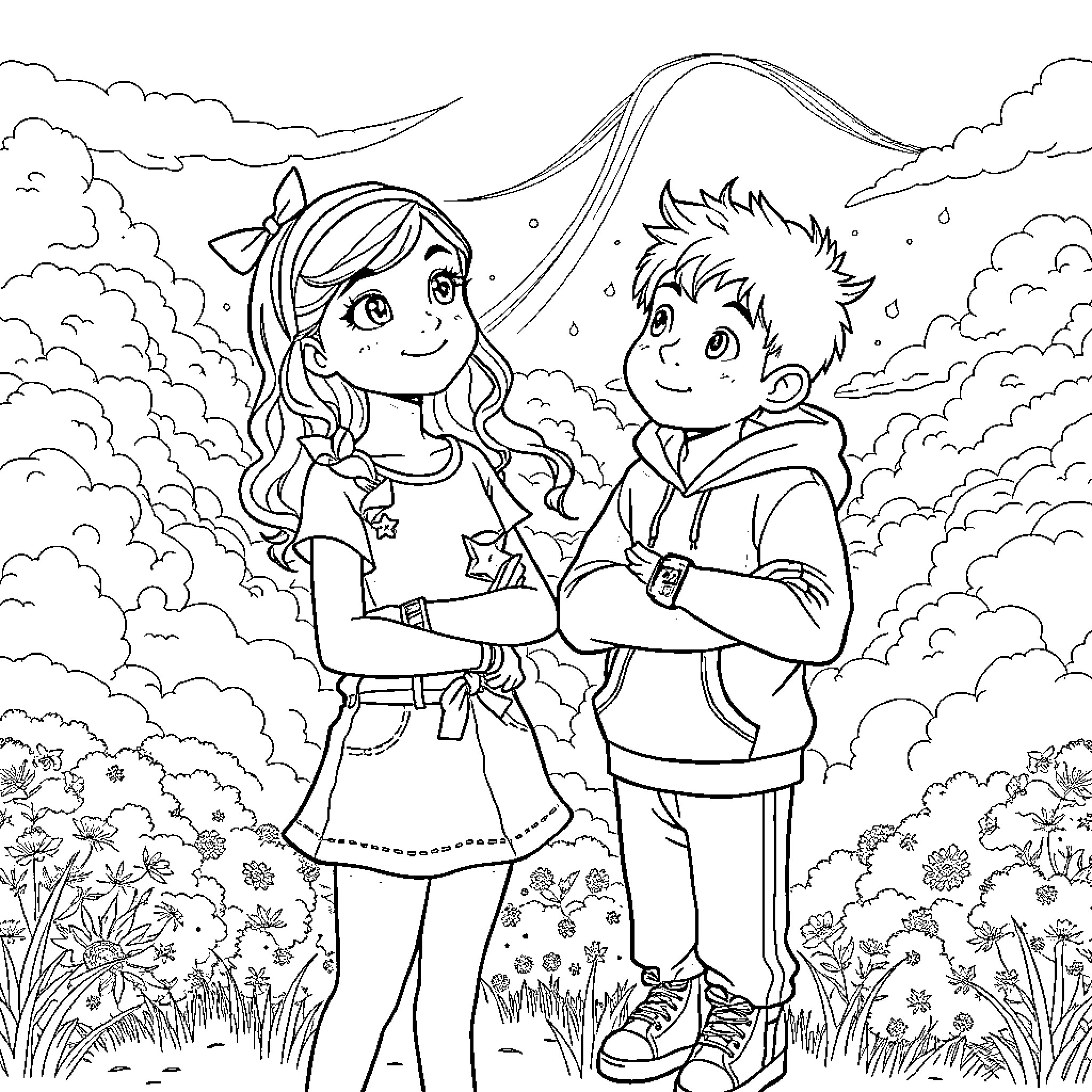 Lila and Max enjoying a day outdoors Coloring Page (free black-and-white line drawing printable PDF for all, from beginners to advanced learners, including children, teens, adults, and seniors)