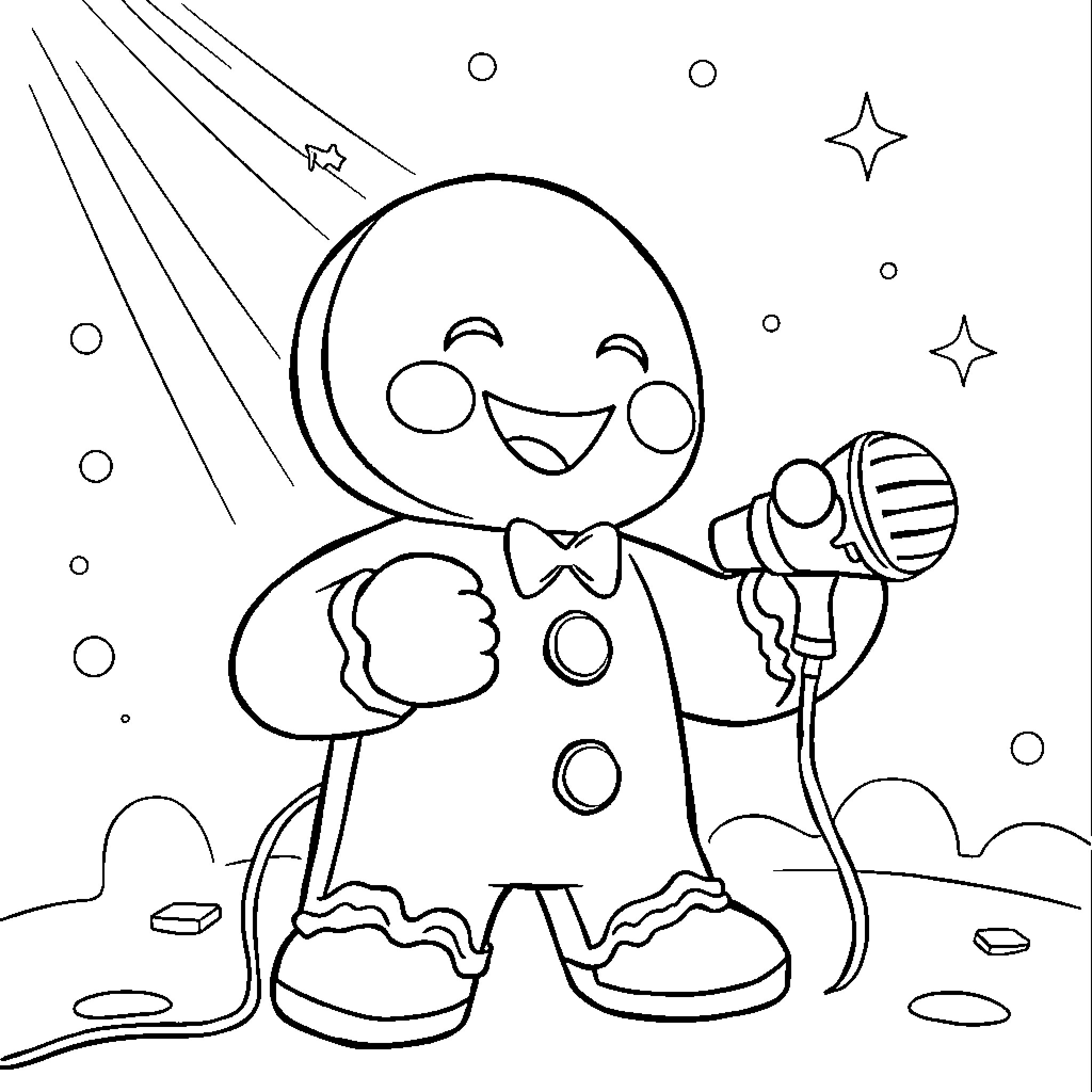 Gingerbread figure singing and performing Coloring Page (free black-and-white line drawing printable PDF for all, from beginners to advanced learners, including children, teens, adults, and seniors)
