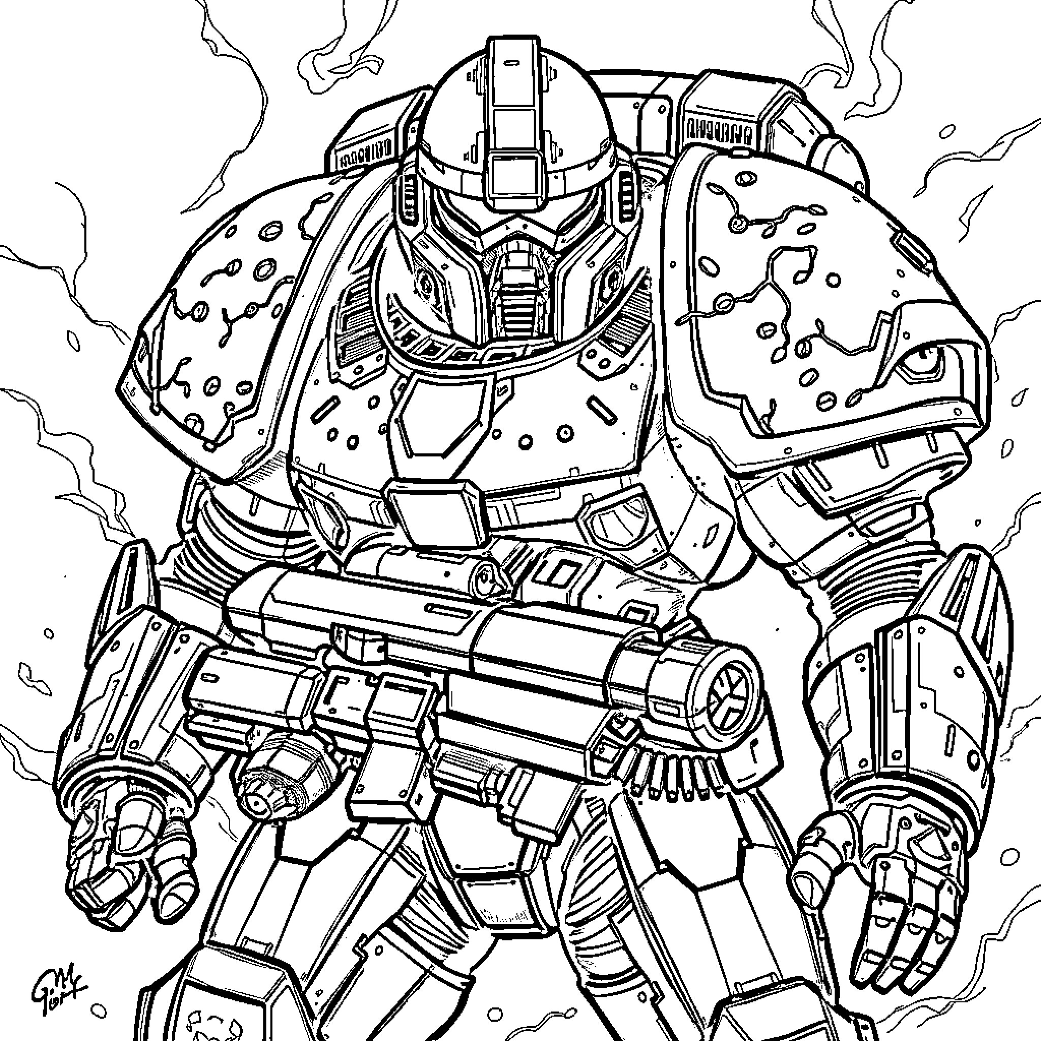 Space Marine in heavy battle armor wielding futuristic weaponry Coloring Page (free black-and-white line drawing printable PDF for all, from beginners to advanced learners, including children, teens, adults, and seniors)