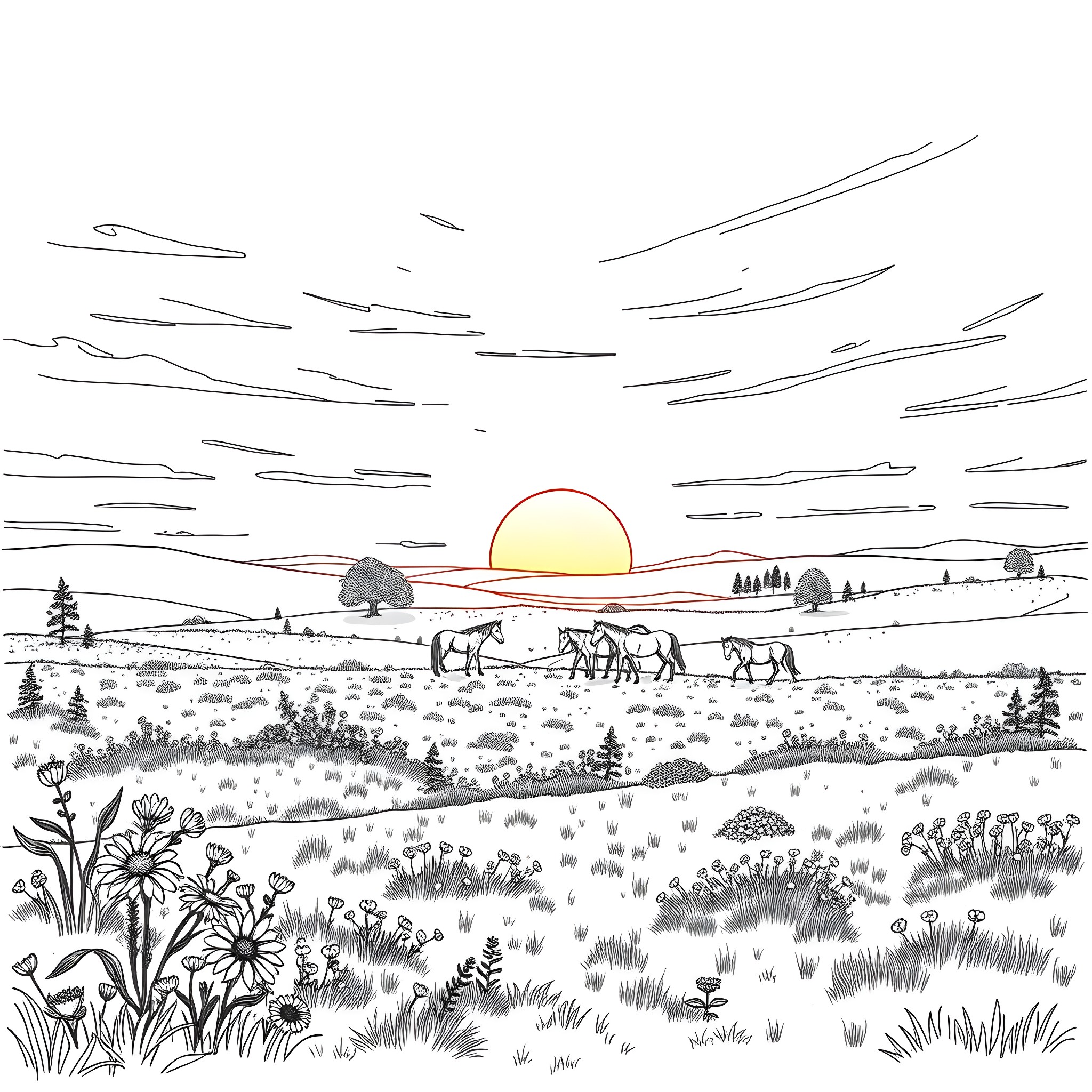 Field with Grazing Horses at Sunset Coloring Page (free black-and-white line drawing printable PDF for all, from beginners to advanced learners, including children, teens, adults, and seniors)