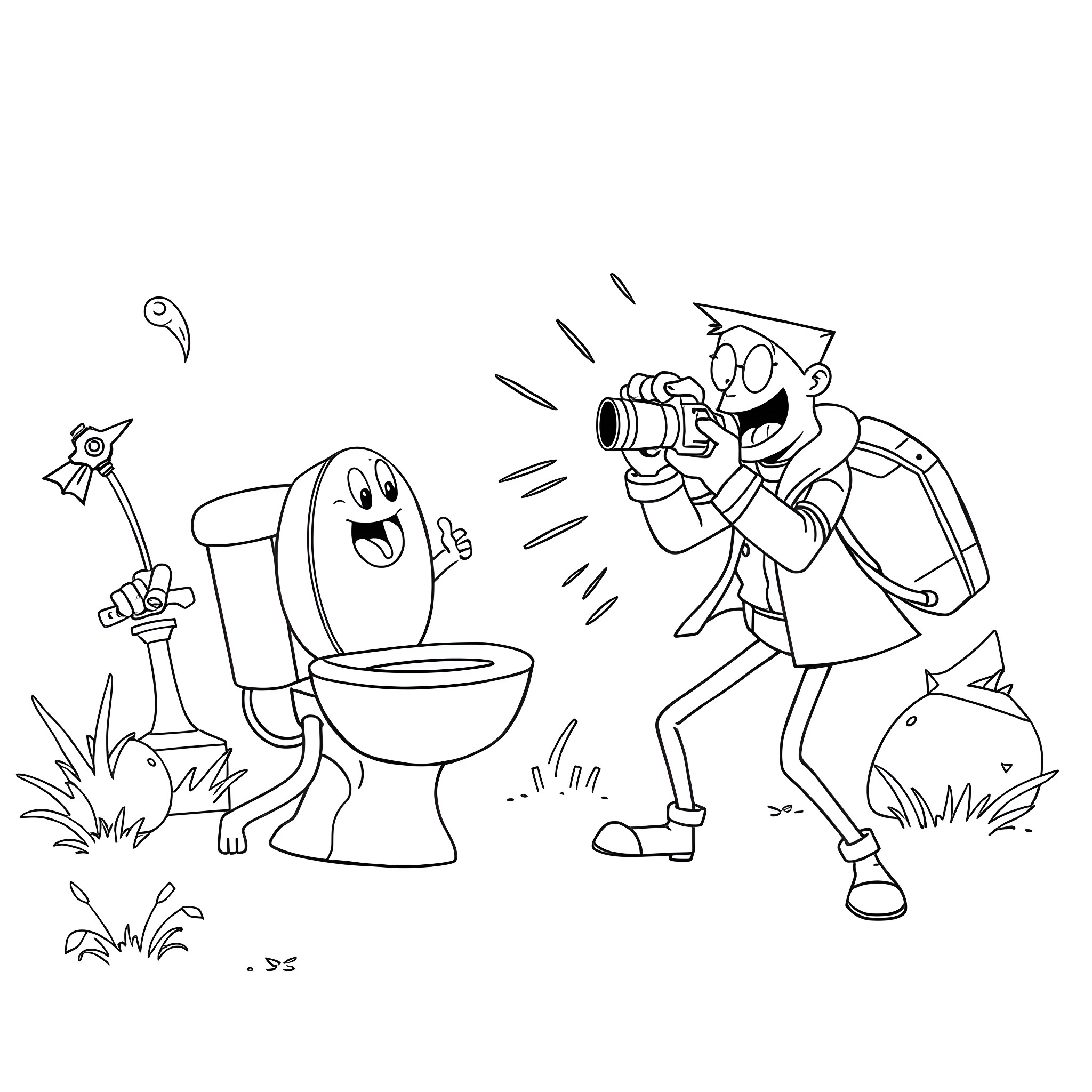 Skibidi Toilet Humorous Photoshoot with Cameraman Coloring Page (free black-and-white line drawing printable PDF for all, from beginners to advanced learners, including children, teens, adults, and seniors)